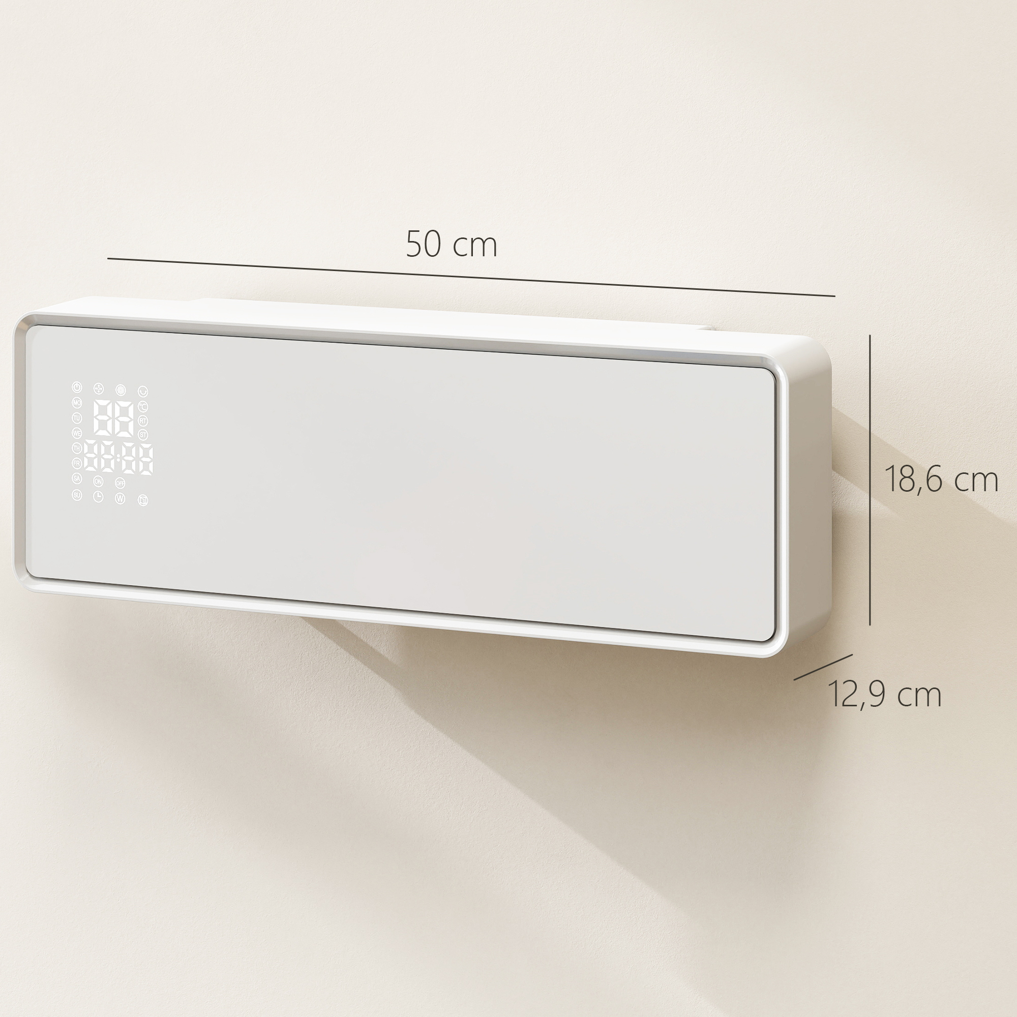 Sieninis elektrinis šildytuvas su PTC keraminiu kaitinimo elementu ir nuotolinio valdymo pultu, baltas, 54 × 18,7 × 12,3 cm 2