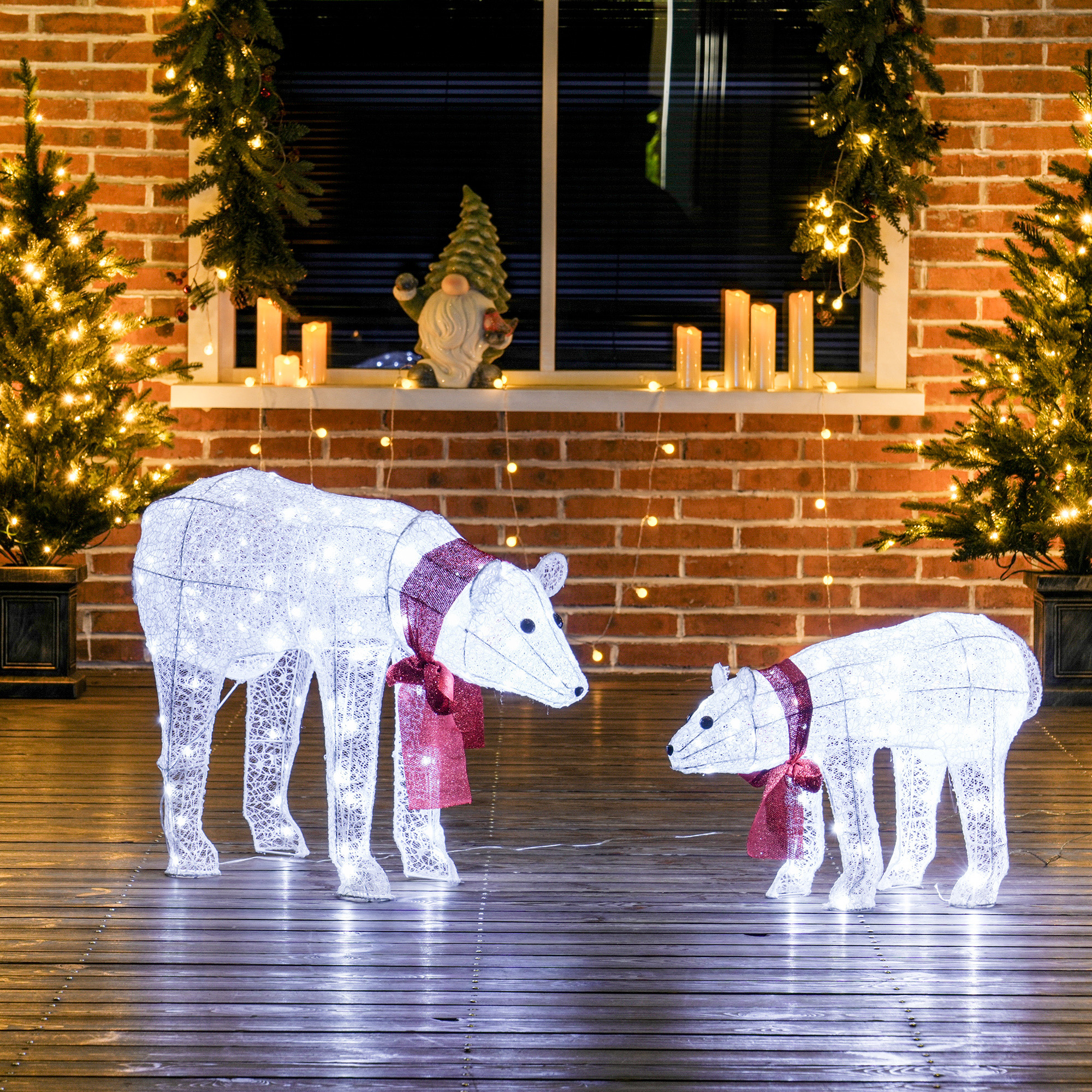 Kalėdinė dekoracija, baltųjų lokių pora su 140 LED, balta ir raudona, 80 × 30 × 60 cm ir 53,5 × 20 × 40 cm, 2 vnt.