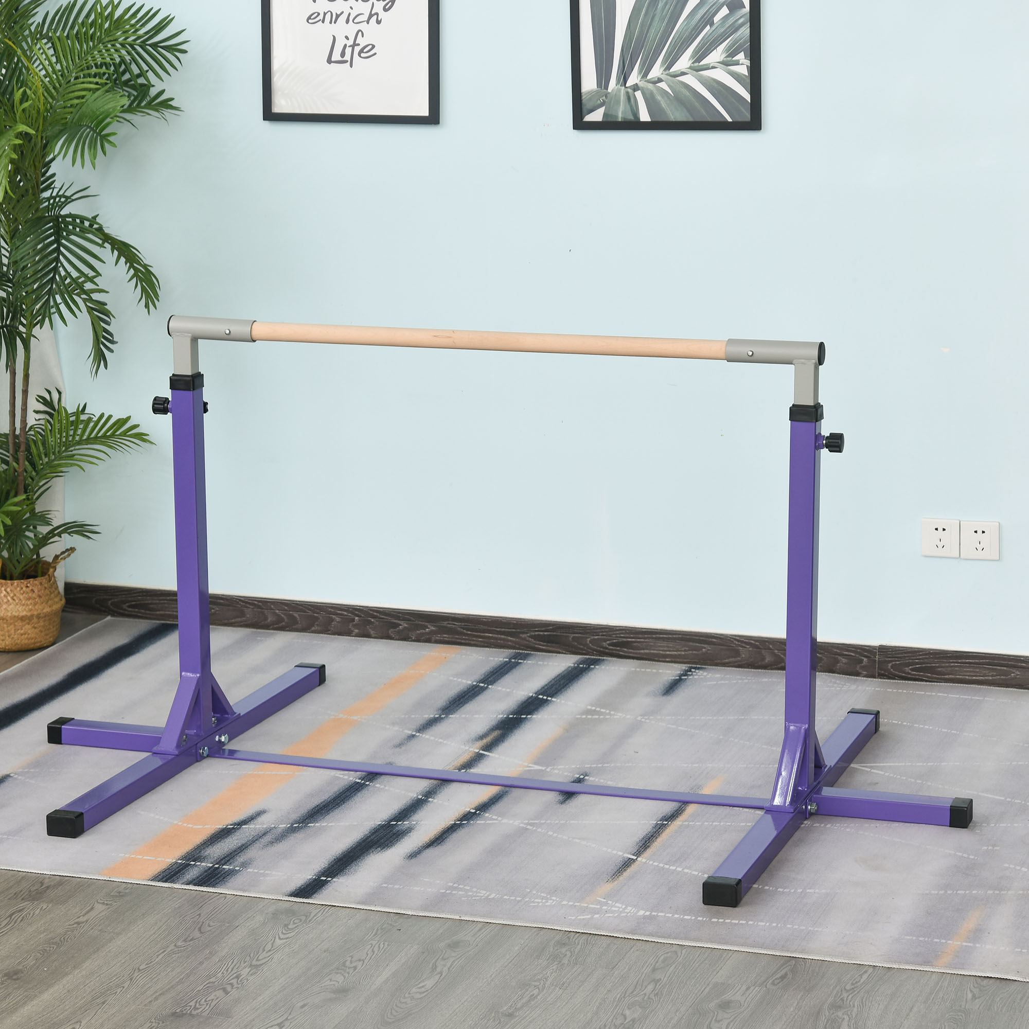 Gimnastikos skersinis, 13 padėčių reguliuojamo aukščio, iki 75 kg, violetinis, 194 × 121 × 92–150 cm