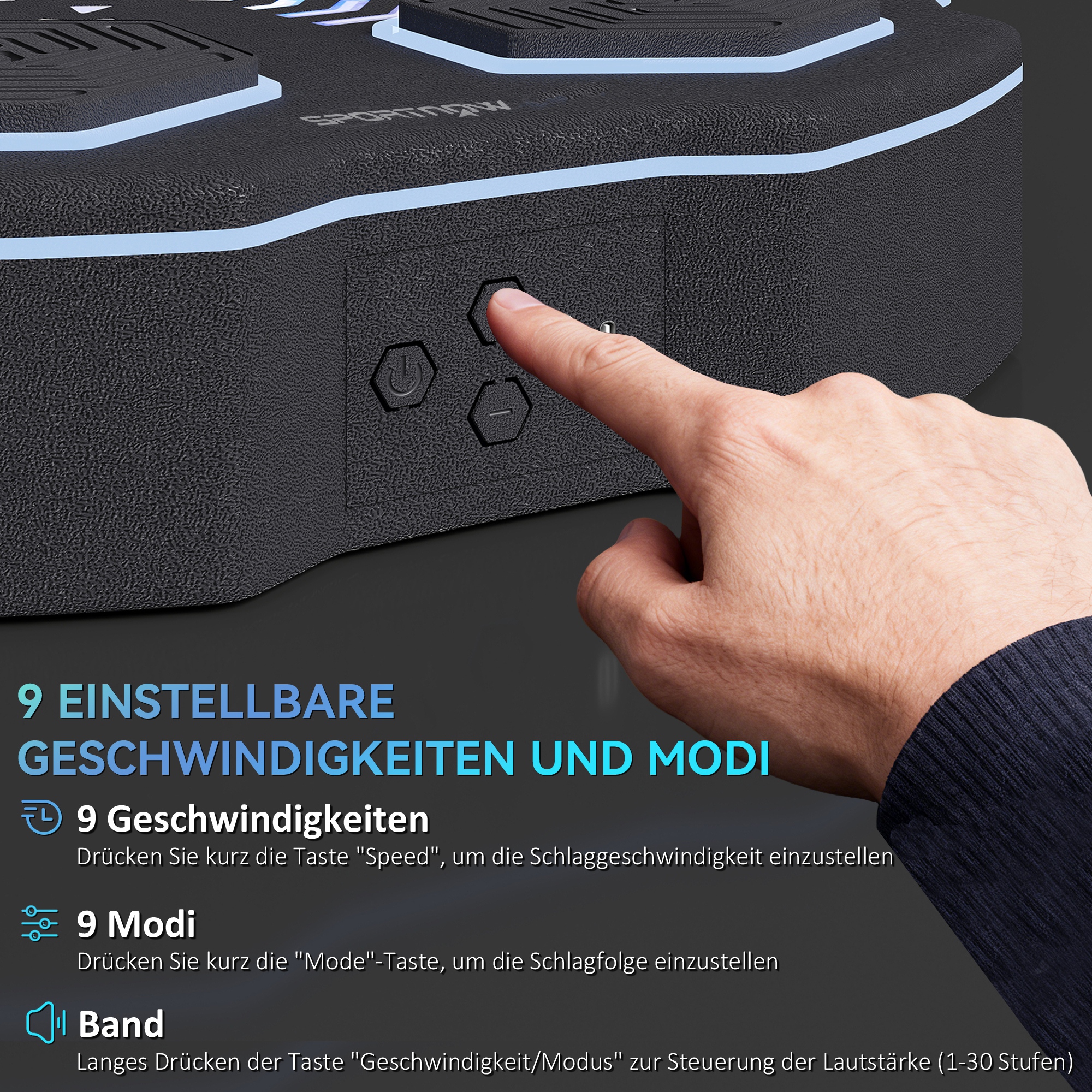 Sieninis muzikinis bokso treniruoklis su Bluetooth ir 9 greičiais, juodas, 44 x 44 x 8 cm 3