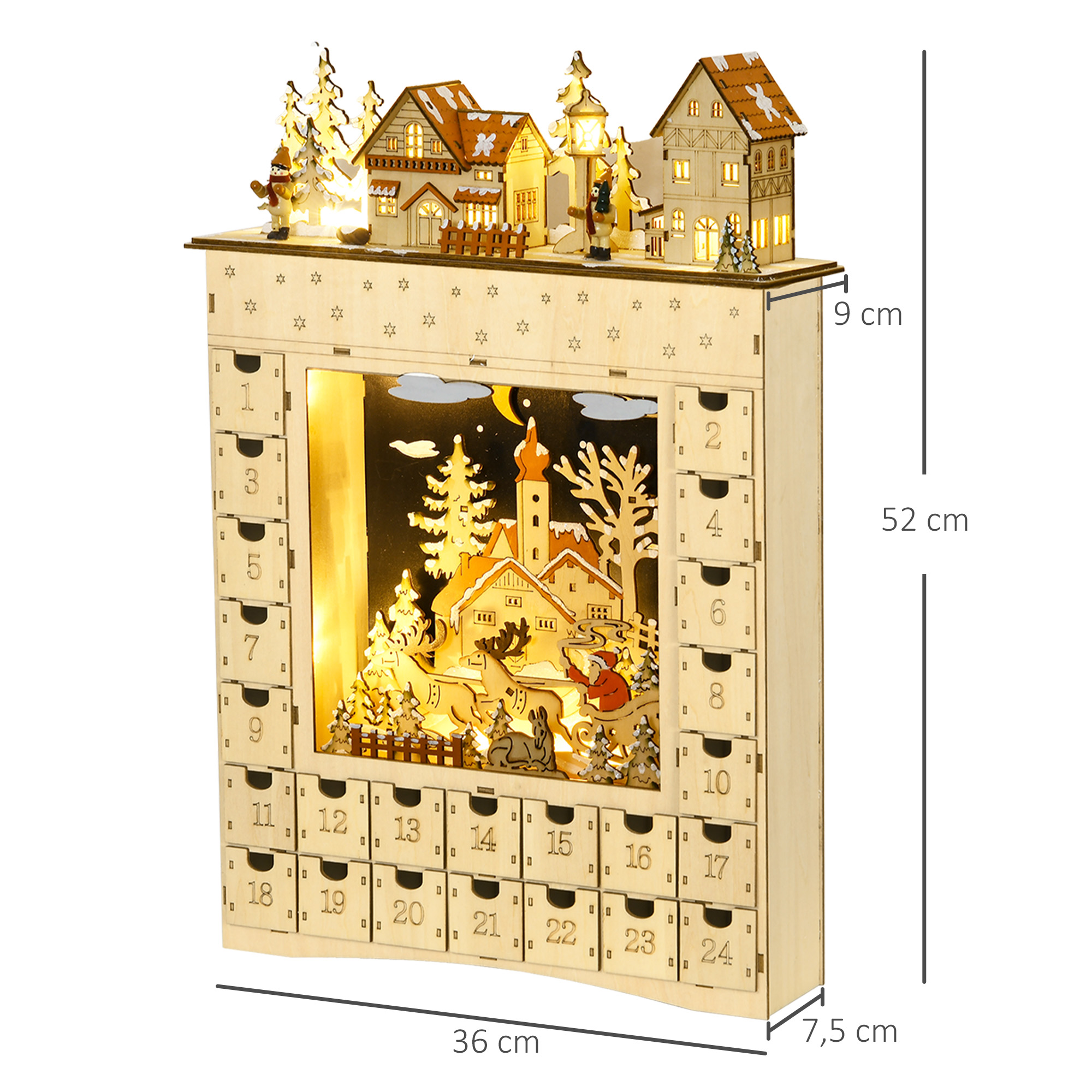 Advento kalendorius su 24 stalčiukais ir LED lemputėmis, natūralios medienos spalvos, 36 x 9 x 52 cm 2