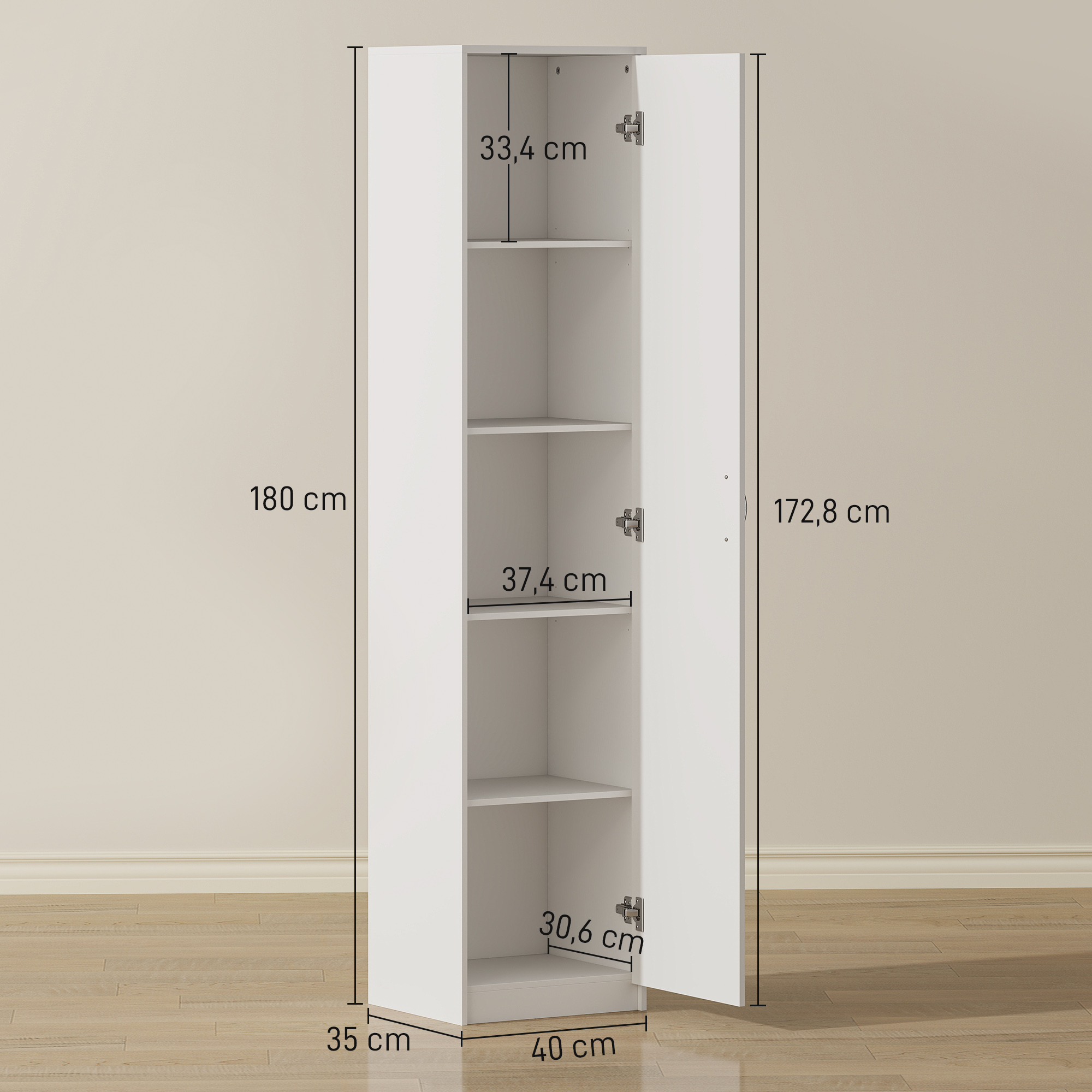 Virtuvės spintelė su 5 lentynomis, reguliuojamos lentynos, balta, 40 x 35 x 180 cm 2