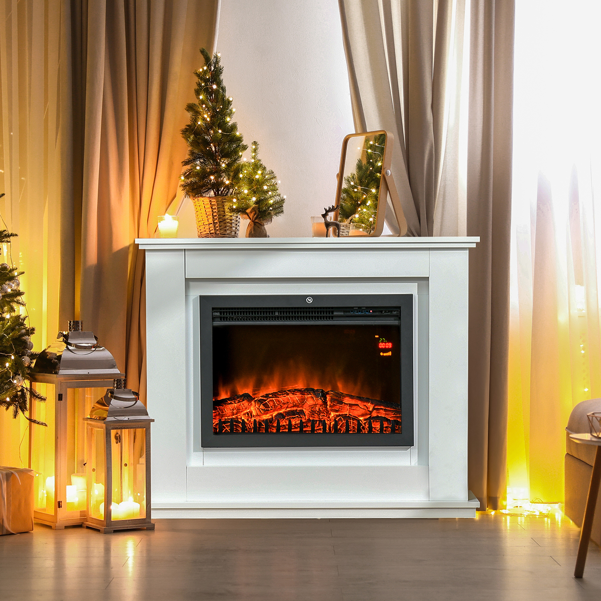 Elektrinis židinys su 3D LED liepsnomis ir nuotolinio valdymo pultu, baltas, 98 × 27,5 × 80 cm
