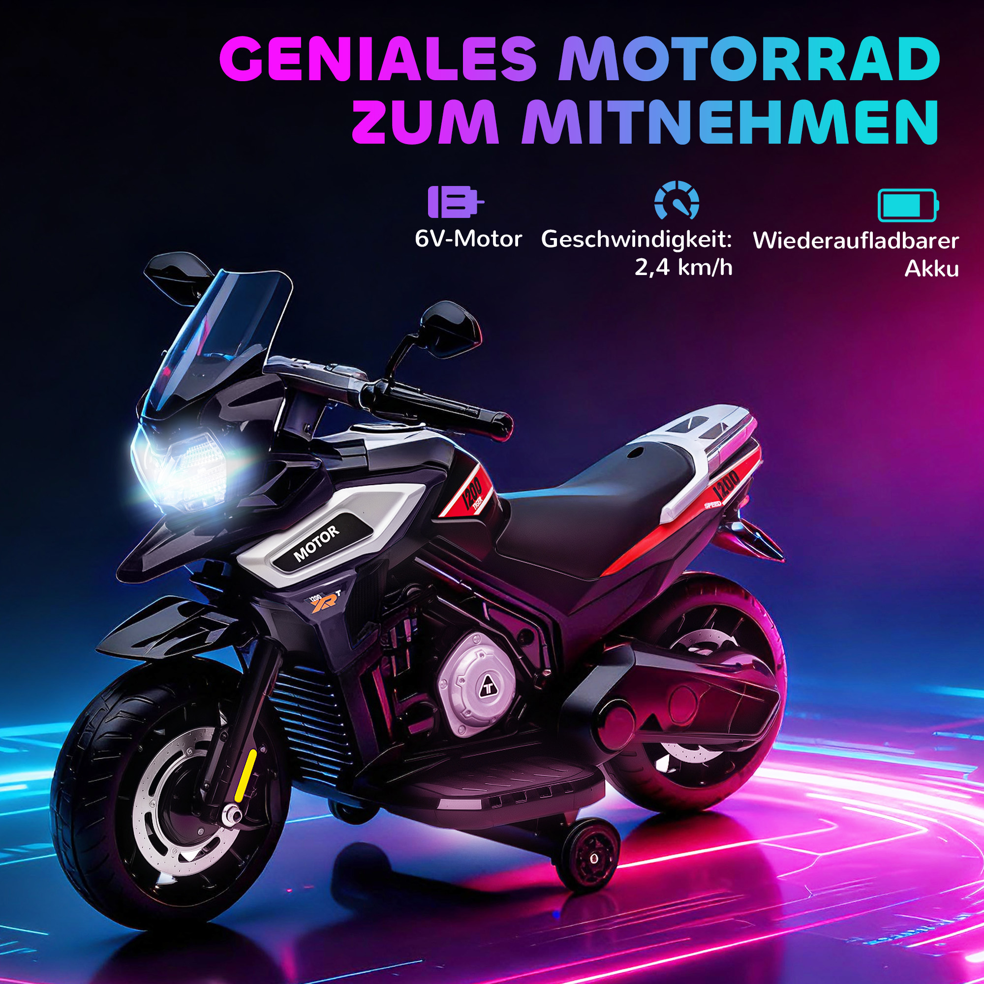 Vaikiškas elektrinis motociklas juodas 3