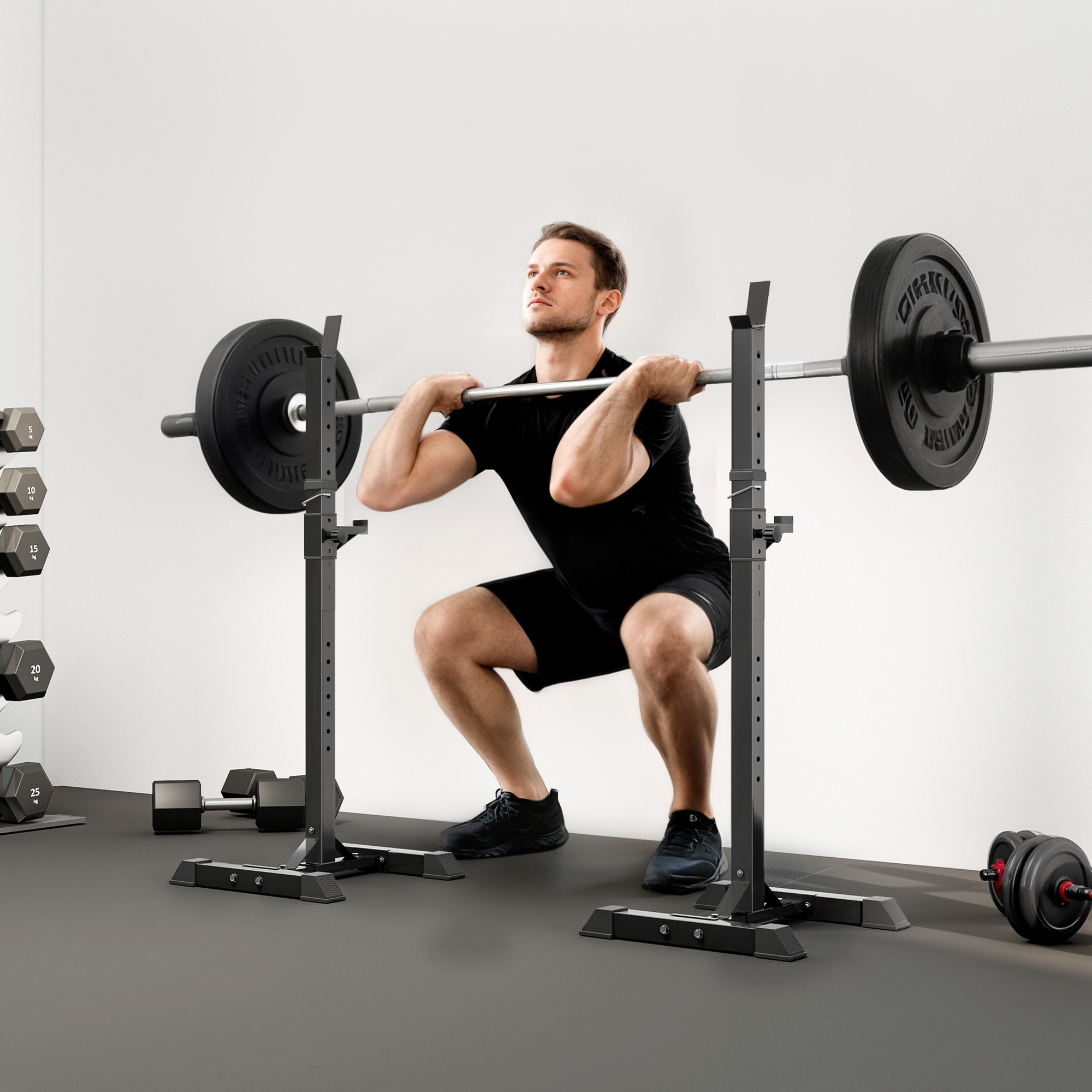 Štangu statīvu komplekts, regulējama augstuma, līdz 150 kg, melns, 50 × 49 × 124–154 cm, 2 gab.