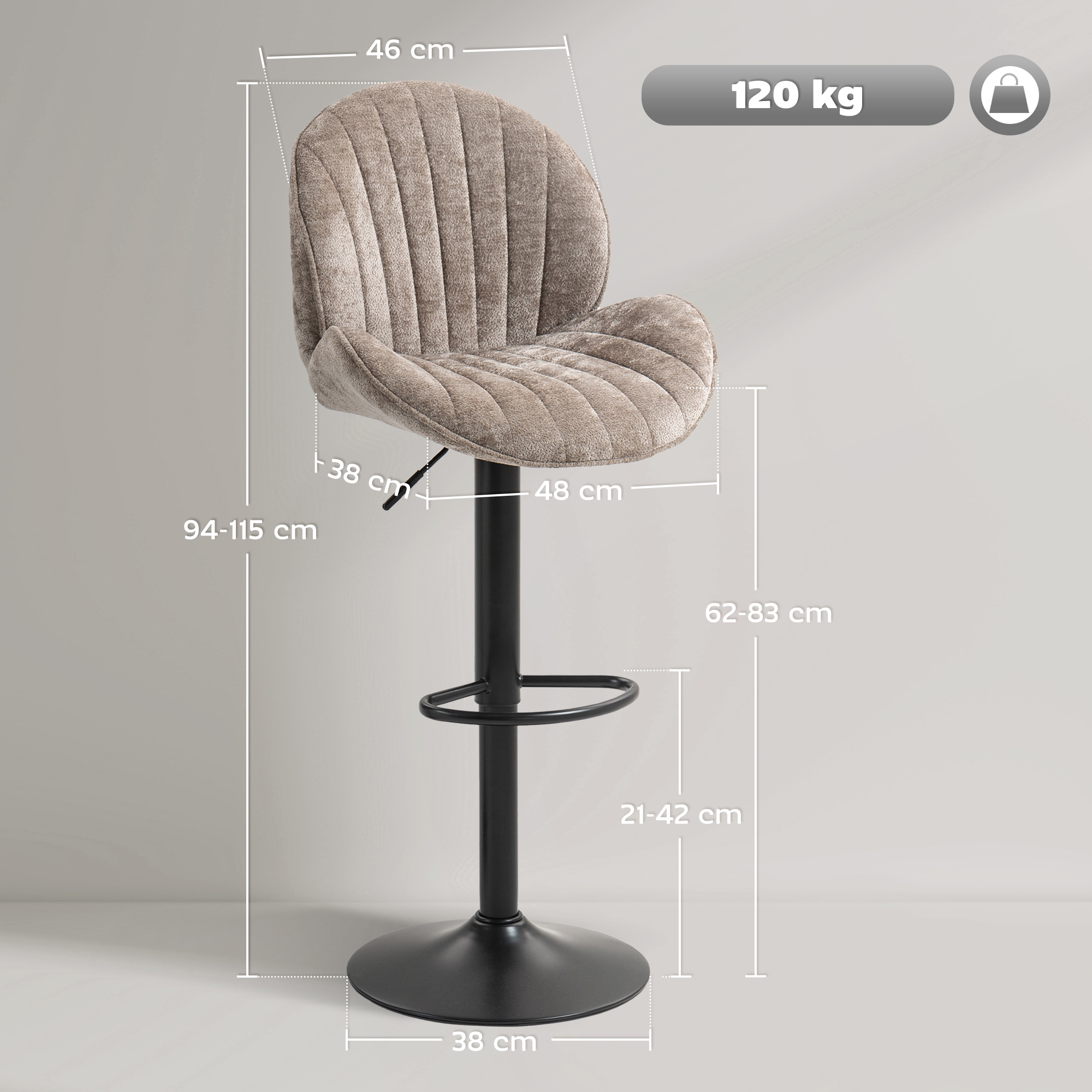 Baro kėdės su reguliuojamu sėdynės aukščiu, 360° pasukamos, rudos ir juodos, 48 x 50 x 94–115 cm, 2 vnt. 2