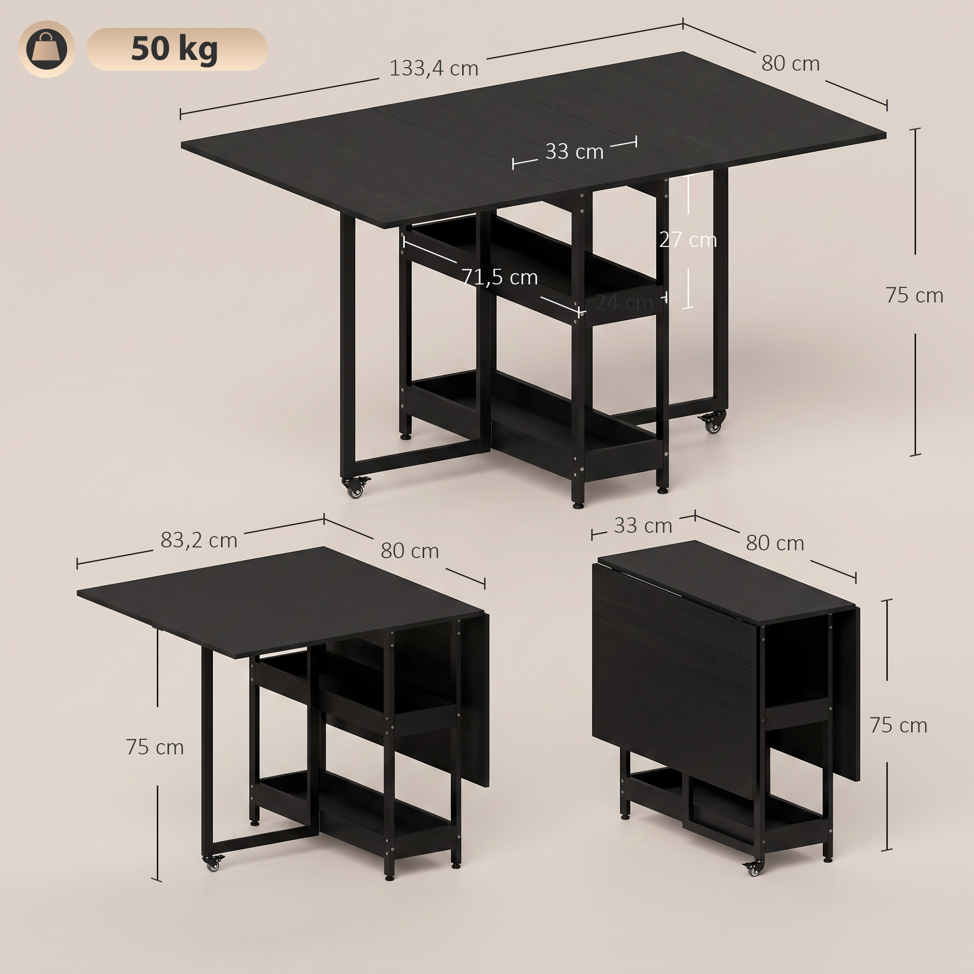 Sulankstomas valgomojo stalas su 2 atlenkiamais šonais, juodas, 133,4 × 80 × 75 cm 2