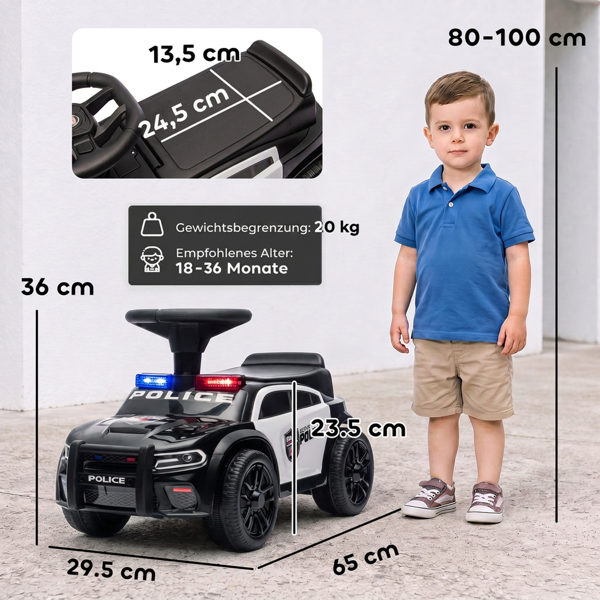 Paspiriama mašinėlė policijos dizaino su šviesa ir muzika, juoda, 65 × 29,5 × 36 cm 2