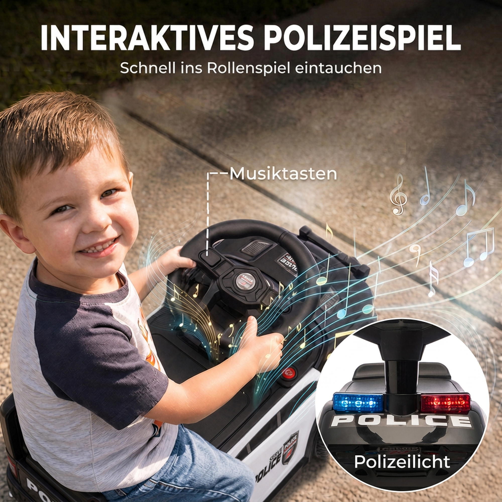 Paspiriama mašinėlė policijos dizaino su šviesa ir muzika, juoda, 65 × 29,5 × 36 cm 3