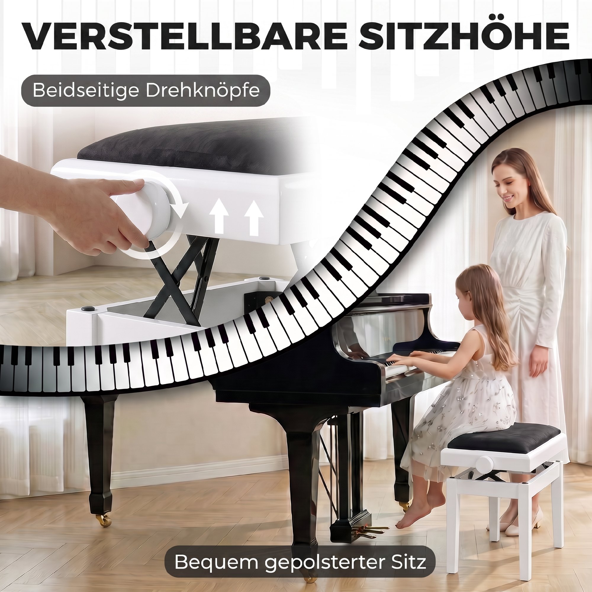 Pianino suoliukas, reguliuojamo aukščio, paminkštintas, juodos ir baltos spalvos, 61,5 × 33 × 45–56 cm 3