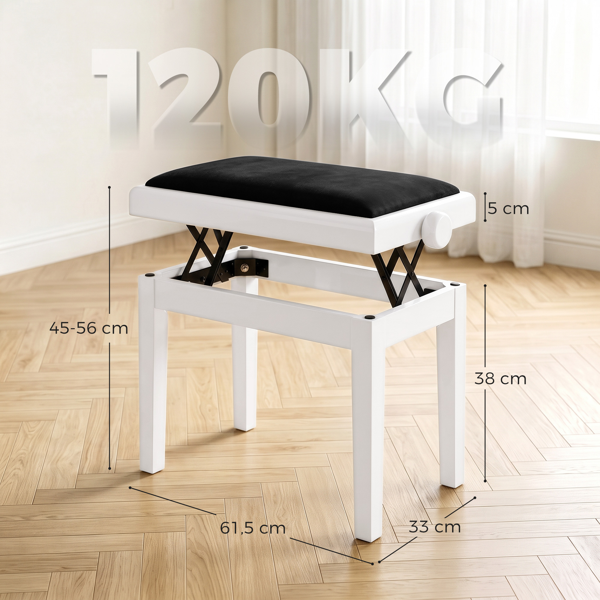 Pianino suoliukas, reguliuojamo aukščio, paminkštintas, juodos ir baltos spalvos, 61,5 × 33 × 45–56 cm 2