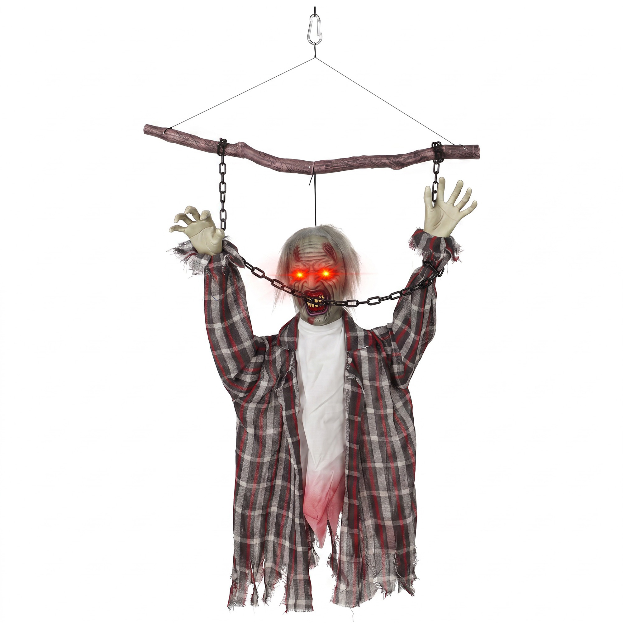 Animuota pakabinama zombio dekoracija su raudonomis LED akimis, pilka-raudona-balta, 110 cm
