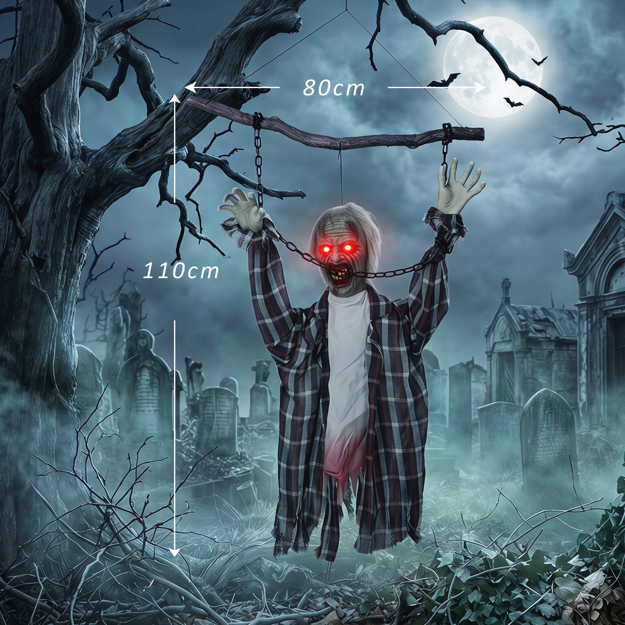 Animuota pakabinama zombio dekoracija su raudonomis LED akimis, pilka-raudona-balta, 110 cm 2
