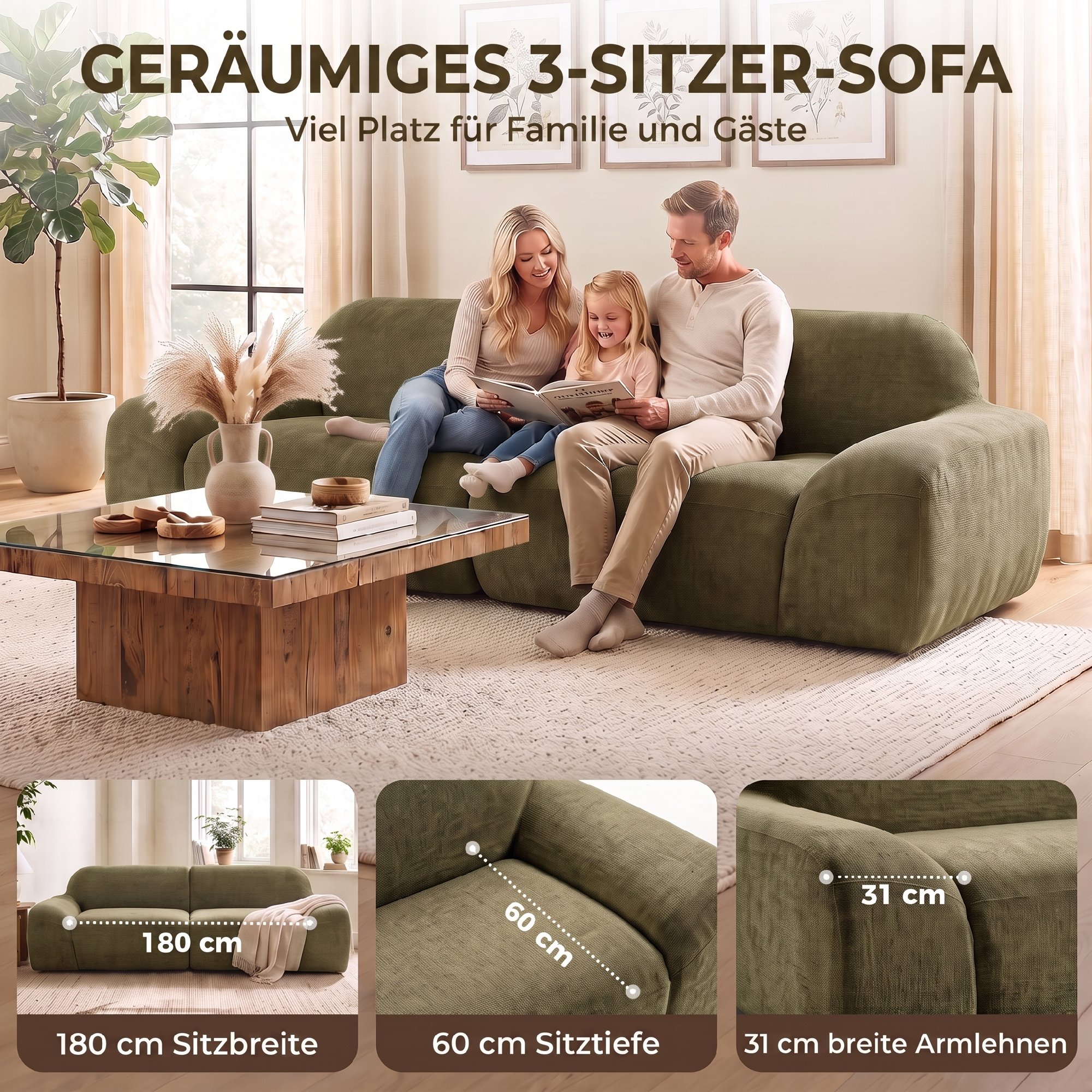 Trivietė sofa, berėmė, tamsiai žalia, 244 × 95 × 70 cm 3