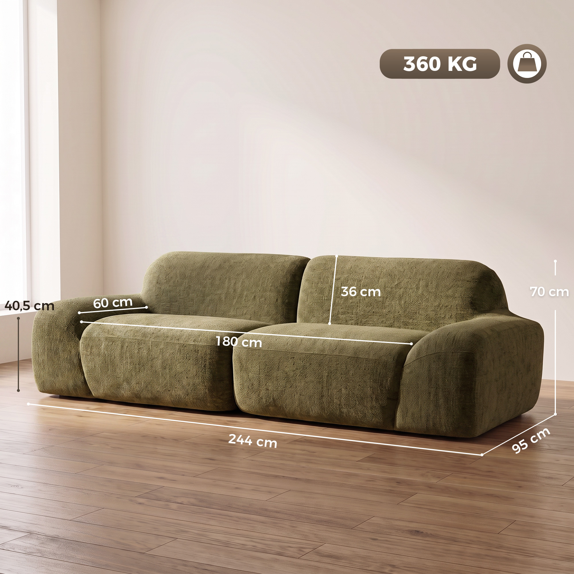 Trivietė sofa, berėmė, tamsiai žalia, 244 × 95 × 70 cm 2