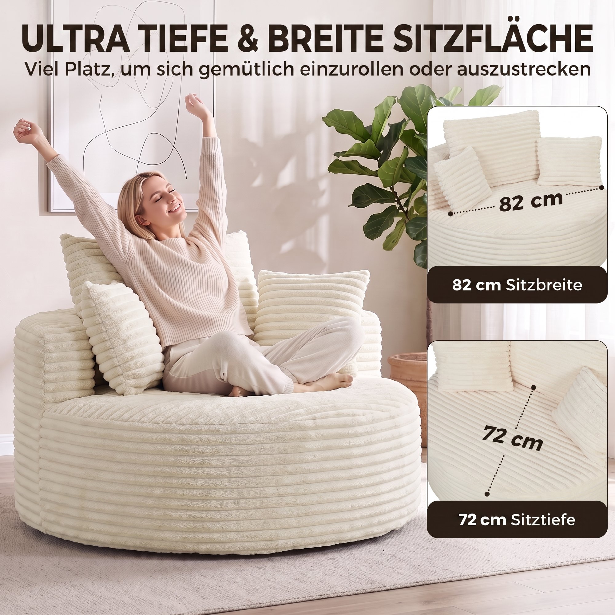 Fotelis su gilia sėdyne ir berėmiu putų dizainu, kreminės baltos spalvos, 130 × 130 × 82 cm 3
