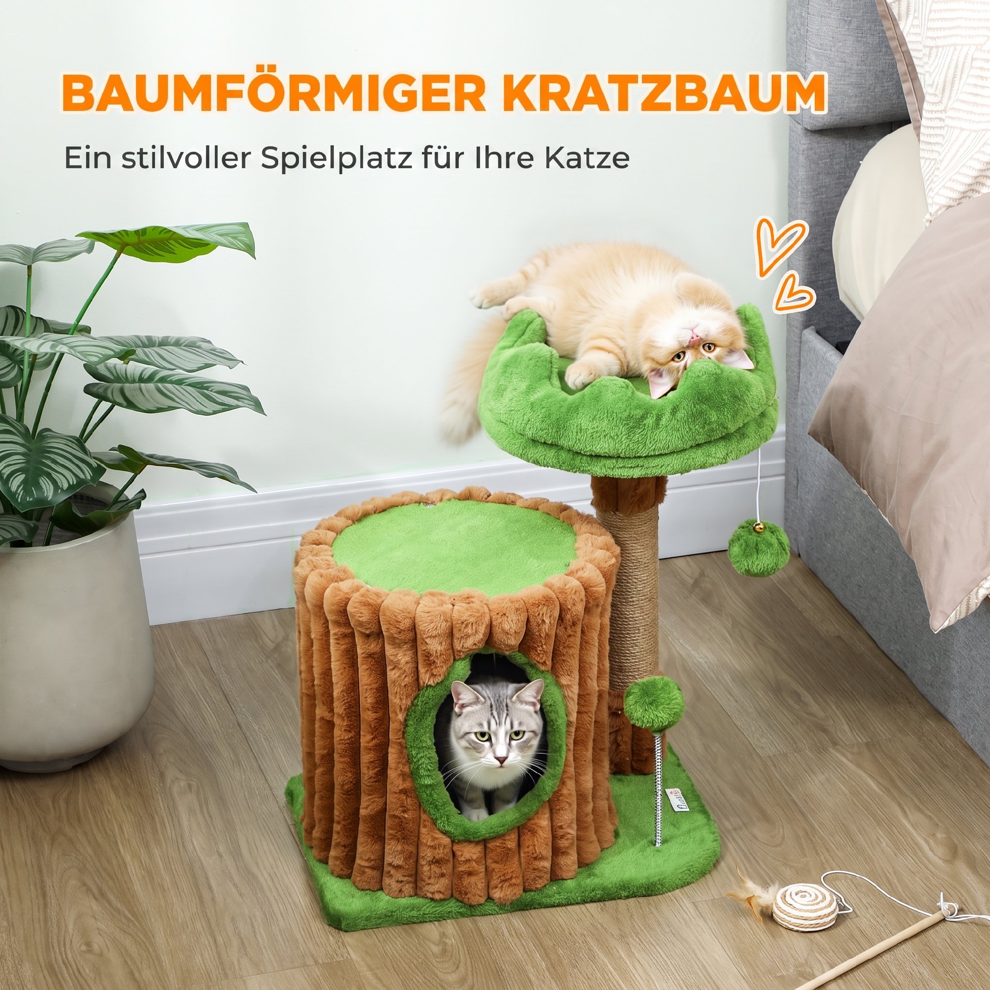 Kačių draskyklė su slėptuve, medžio kamieno dizaino, ruda ir žalia, 53 cm 3