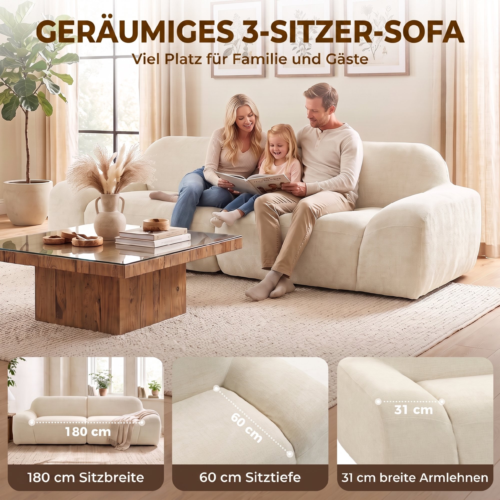 Trivietė sofa, berėmė, kreminės baltos spalvos, 244 × 95 × 70 cm 3