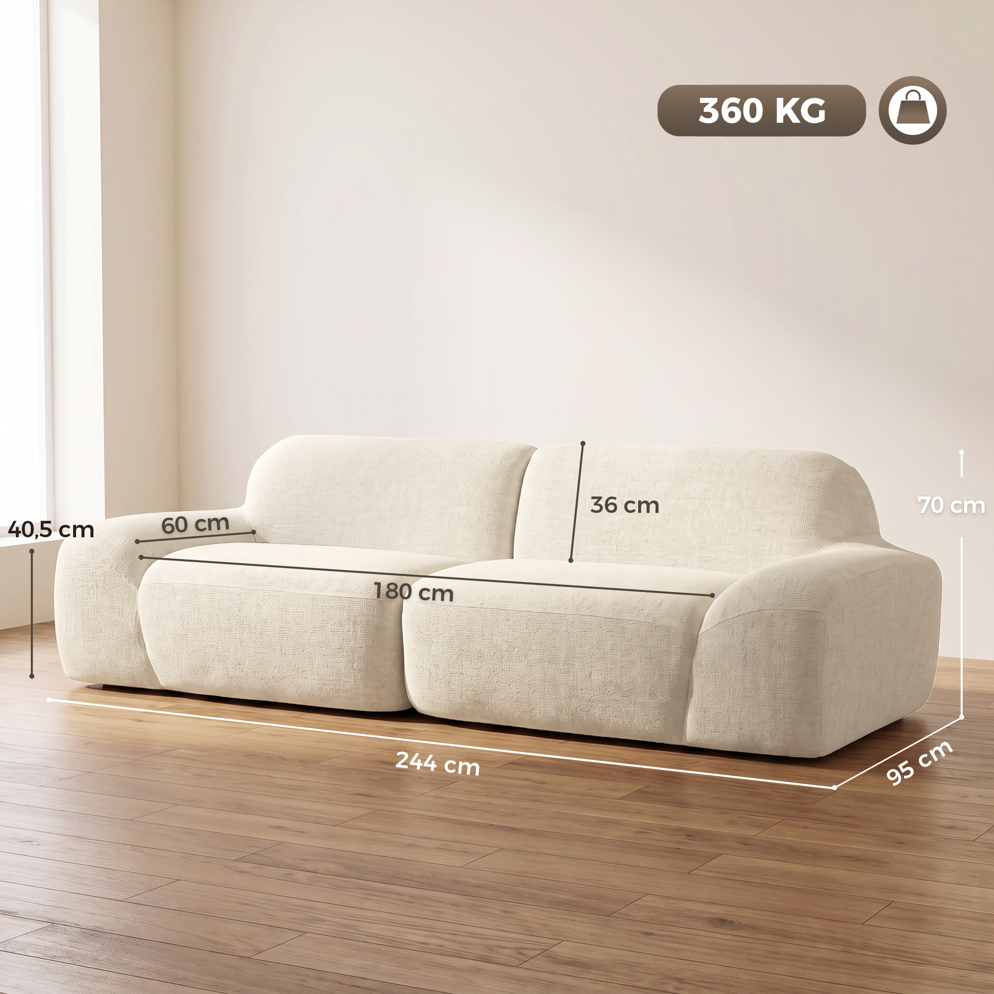 Trivietė sofa, berėmė, kreminės baltos spalvos, 244 × 95 × 70 cm 2