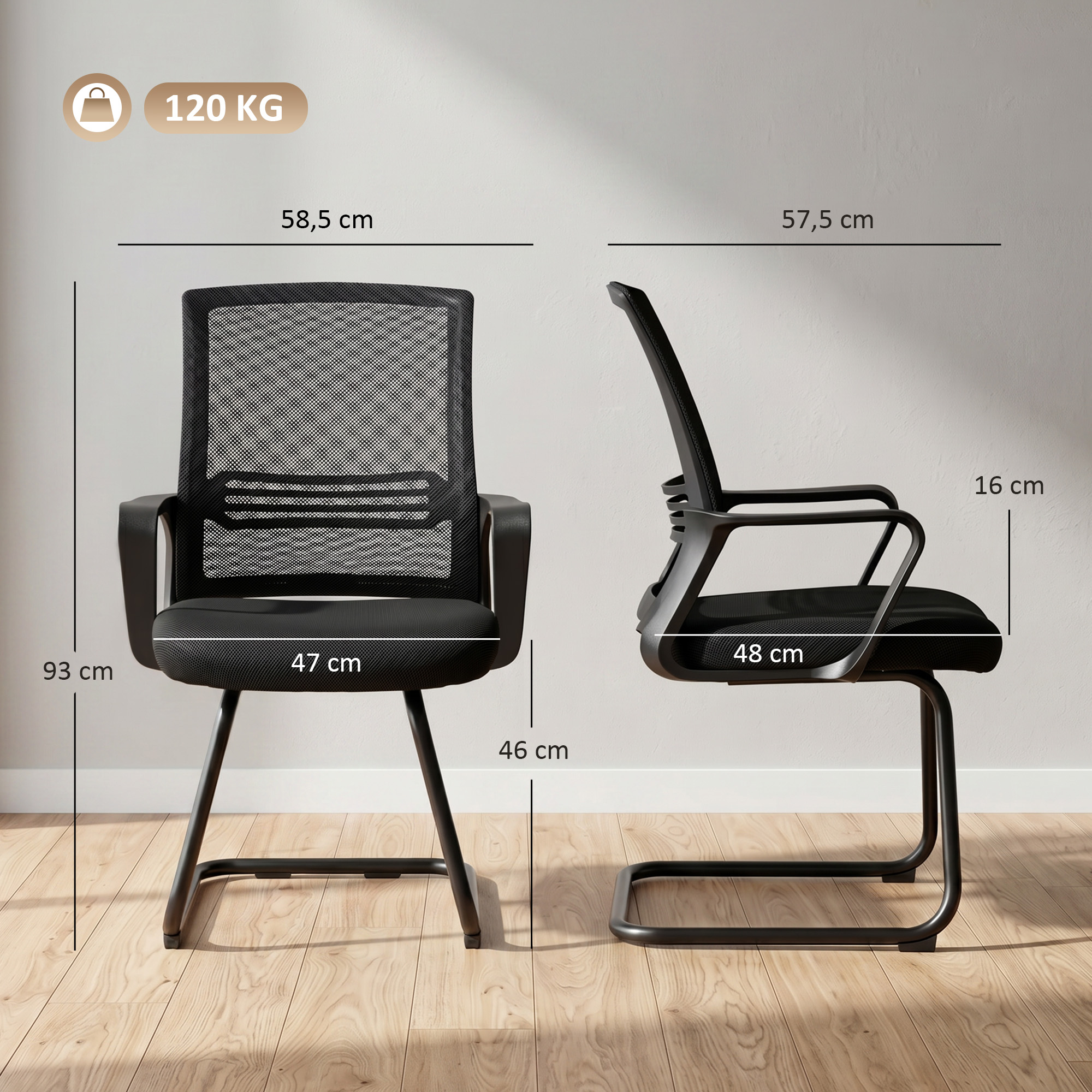 Biuro kėdės su ergonomiška nugarėle ir pavažomis, juodos, 58,5 x 57,5 x 93 cm, 2 vnt. 2