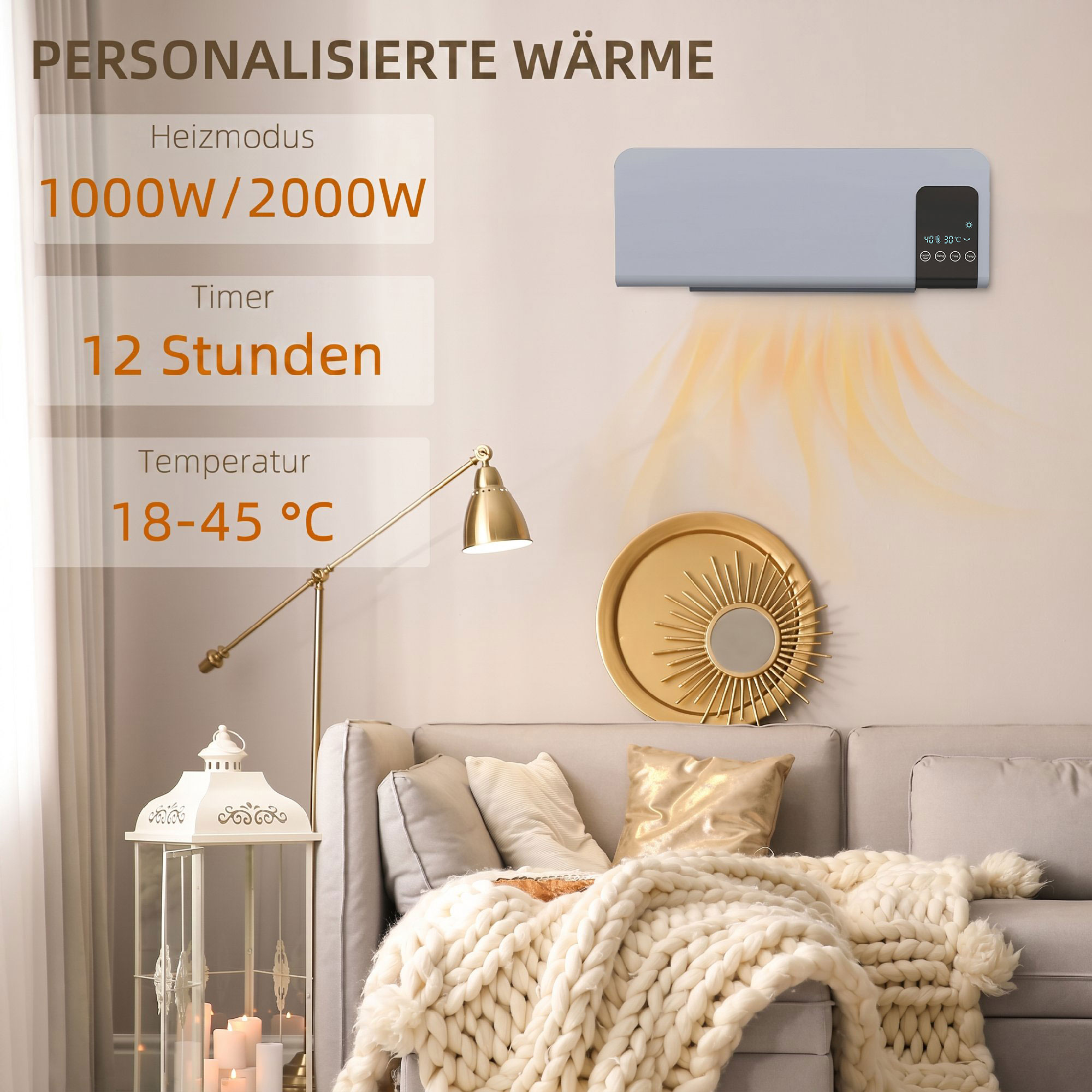 Sieninis elektrinis šildytuvas su PTC kaitinimo elementais ir svyravimo funkcija, pilkas, 54,5 x 12 x 21,5 cm 3