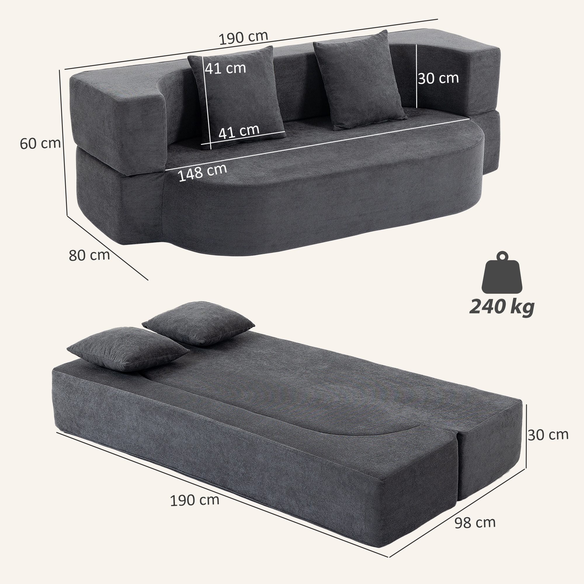 Miegamoji sofa be rėmo, tamsiai pilka, 190 x 80 x 60 cm 2