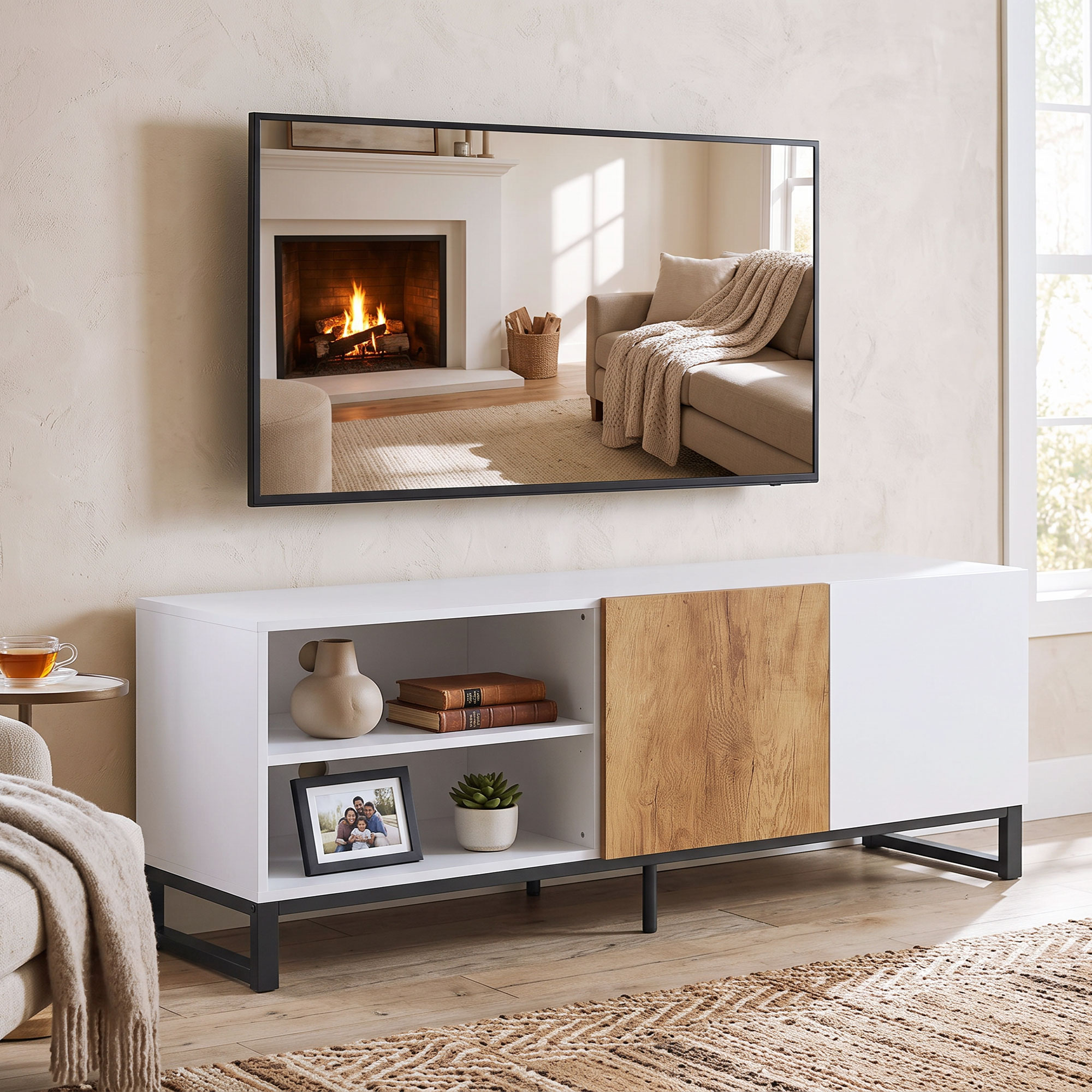 TV staliukas su reguliuojamomis lentynomis ir kabelių angomis, baltas ir ąžuolo spalvos, 140 × 36,5 × 50 cm