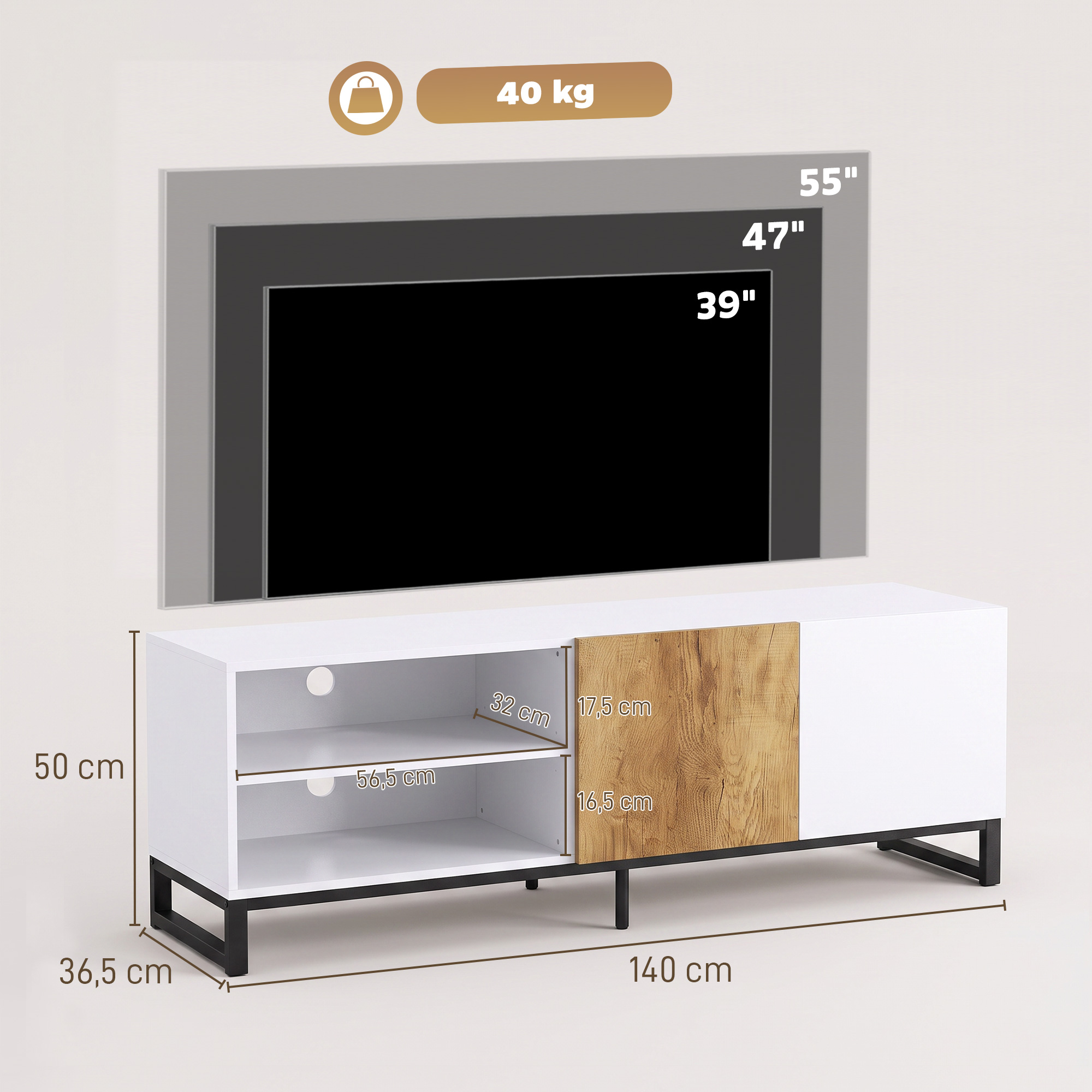 TV staliukas su reguliuojamomis lentynomis ir kabelių angomis, baltas ir ąžuolo spalvos, 140 × 36,5 × 50 cm 2