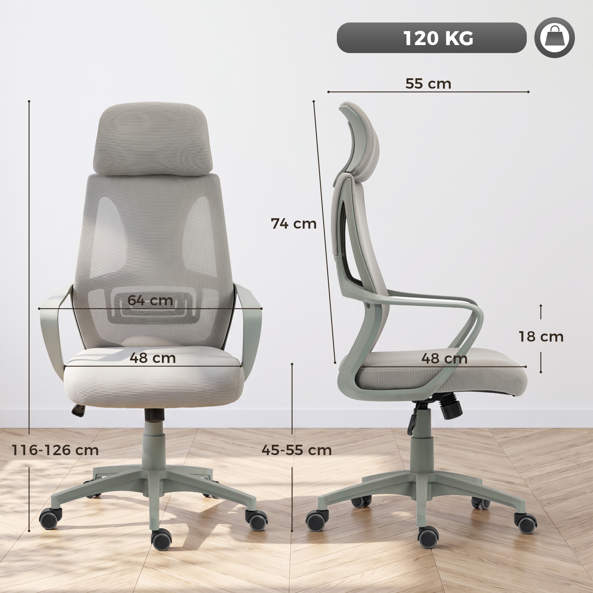 Biuro kėdė su galvos atrama ir supimo funkcija, pilka, 64 x 55 x 116–126 cm 2