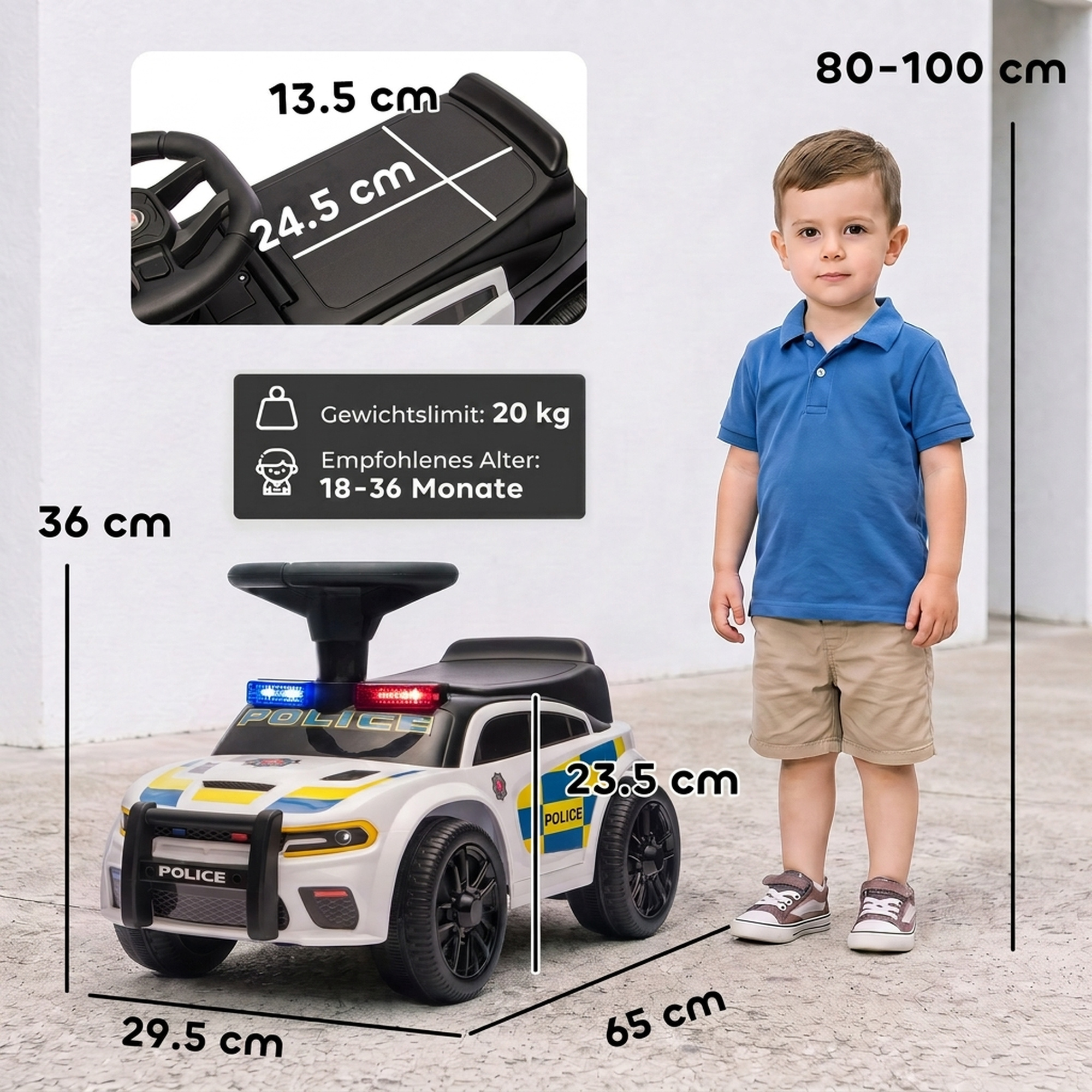 Paspiriama mašinėlė su policijos dizainu ir muzika, balta, 65 x 29,5 x 36 cm 2