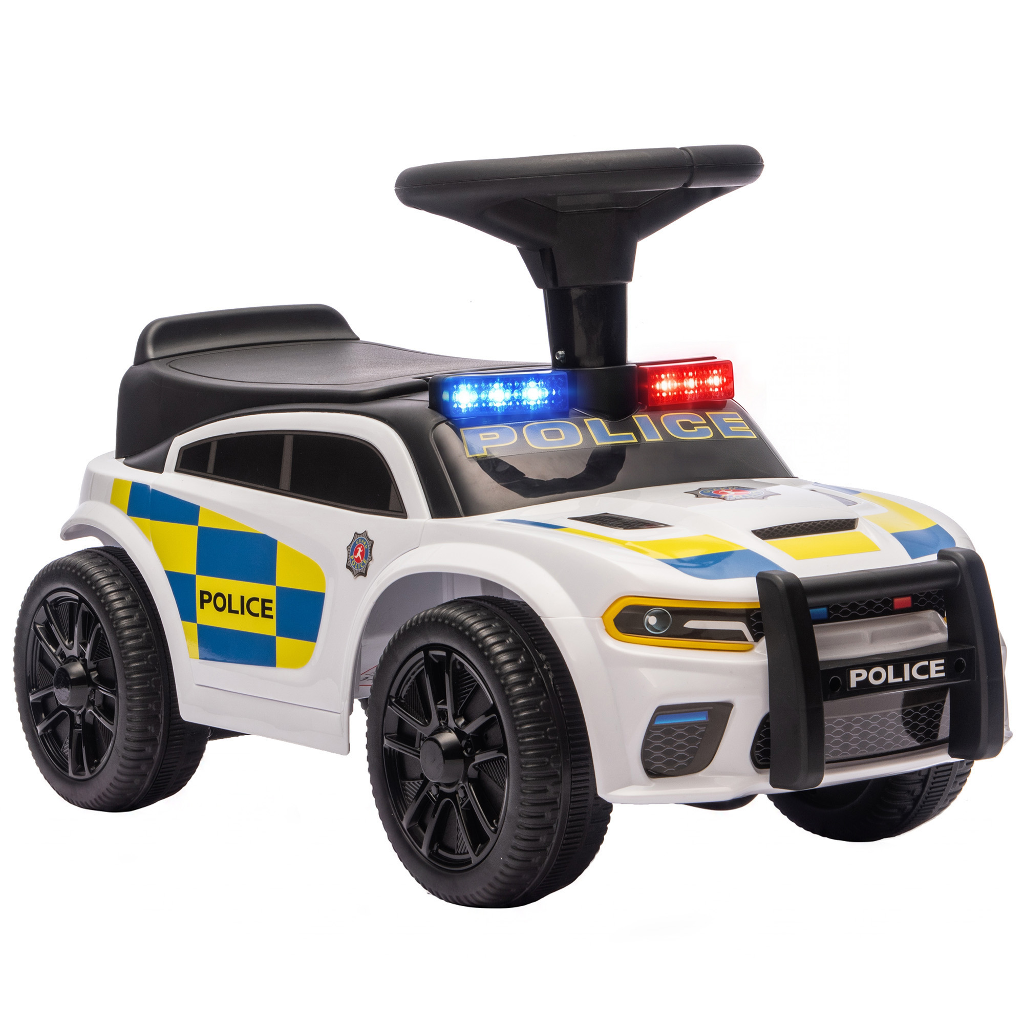Paspiriama mašinėlė su policijos dizainu ir muzika, balta, 65 x 29,5 x 36 cm