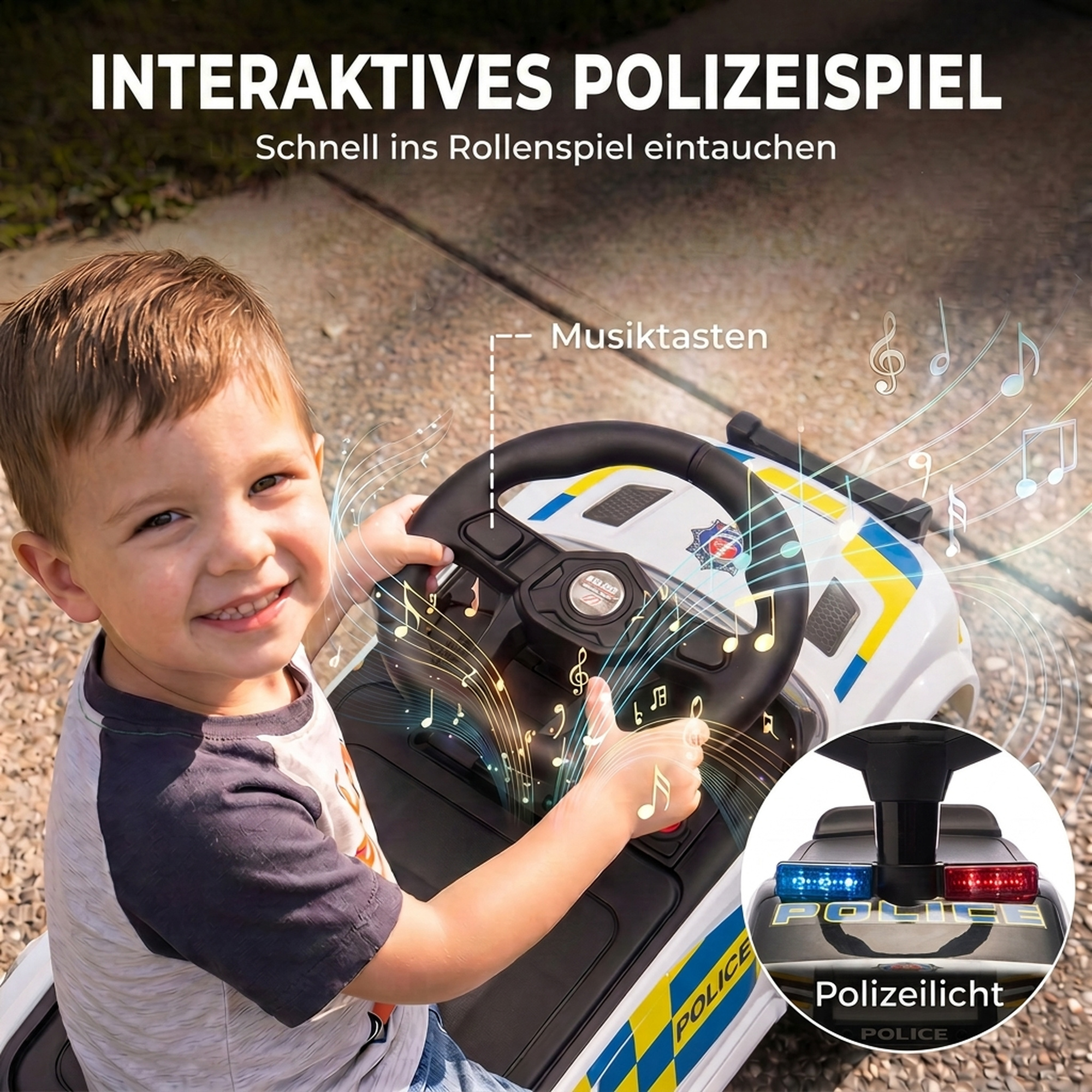 Paspiriama mašinėlė su policijos dizainu ir muzika, balta, 65 x 29,5 x 36 cm 3