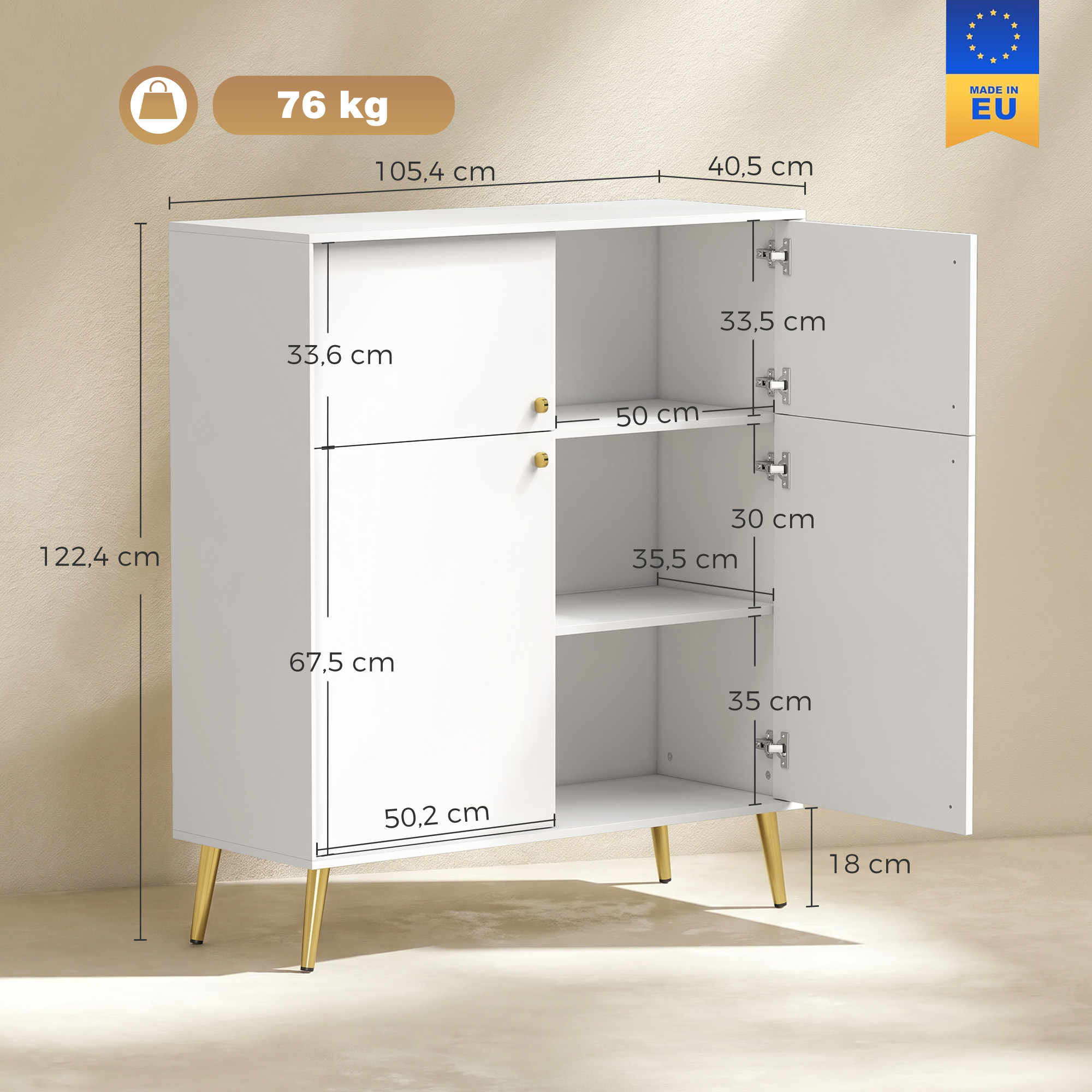 Komoda su 4 durelėmis ir metalinėmis kojelėmis, kreminė su aukso spalvos detalėmis, 105,4 × 40,5 × 122,4 cm 2