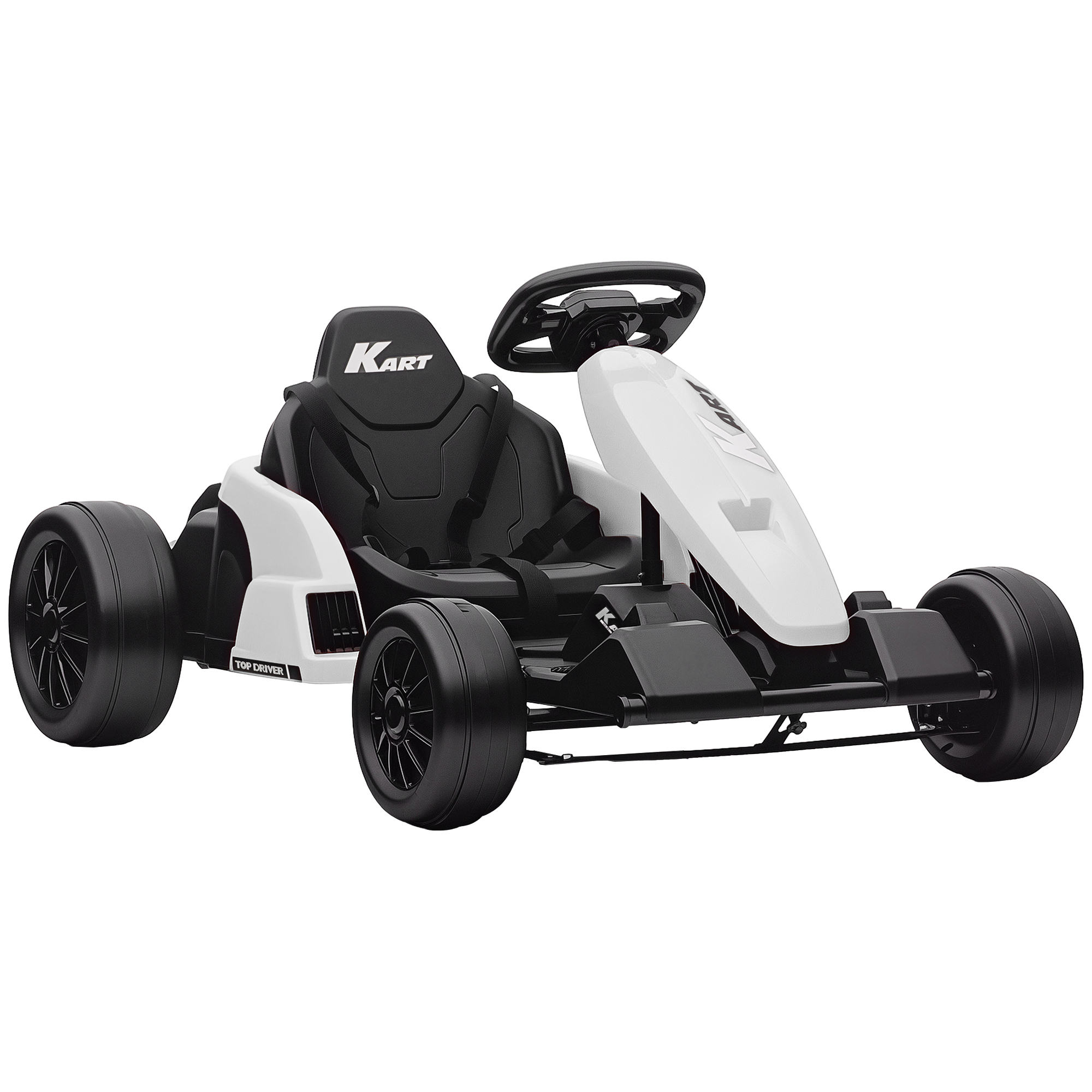 Elektrinis vaikiškas kartingas su galinių ratų pavara ir reguliuojama sėdyne, baltas, 115 × 77 × 55,5 cm