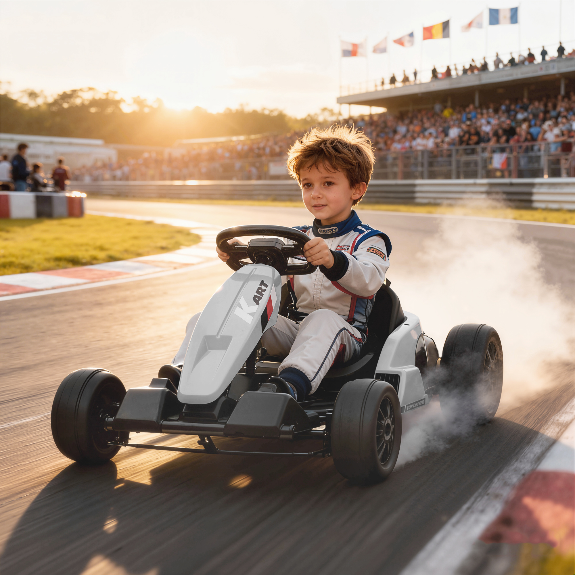 Elektrinis vaikiškas kartingas su galinių ratų pavara ir reguliuojama sėdyne, baltas, 115 × 77 × 55,5 cm