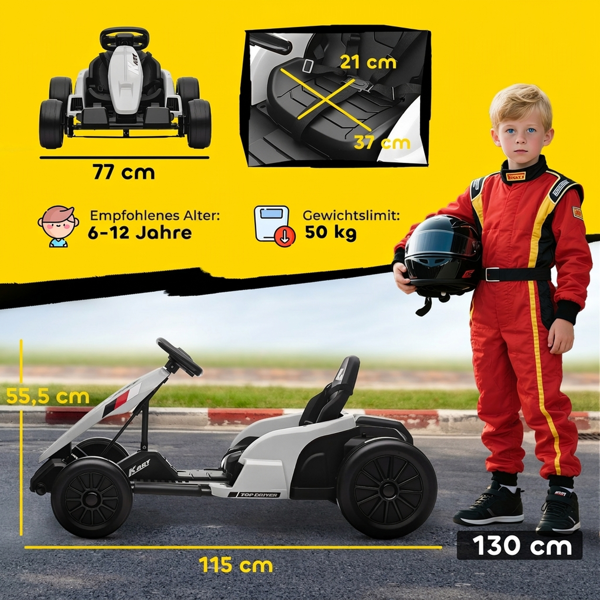 Elektrinis vaikiškas kartingas su galinių ratų pavara ir reguliuojama sėdyne, baltas, 115 × 77 × 55,5 cm 2
