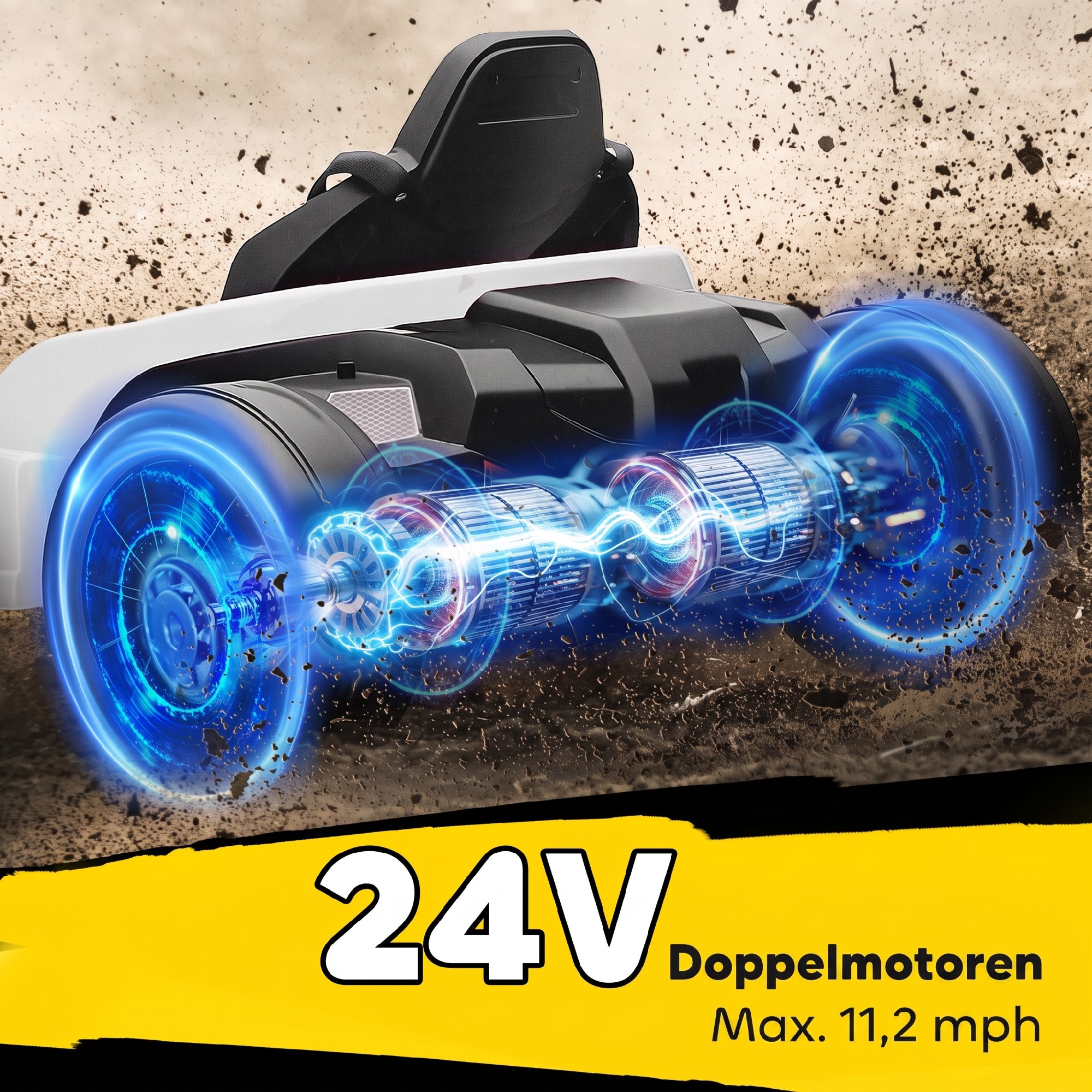 Elektrinis vaikiškas kartingas su galinių ratų pavara ir reguliuojama sėdyne, baltas, 115 × 77 × 55,5 cm 3