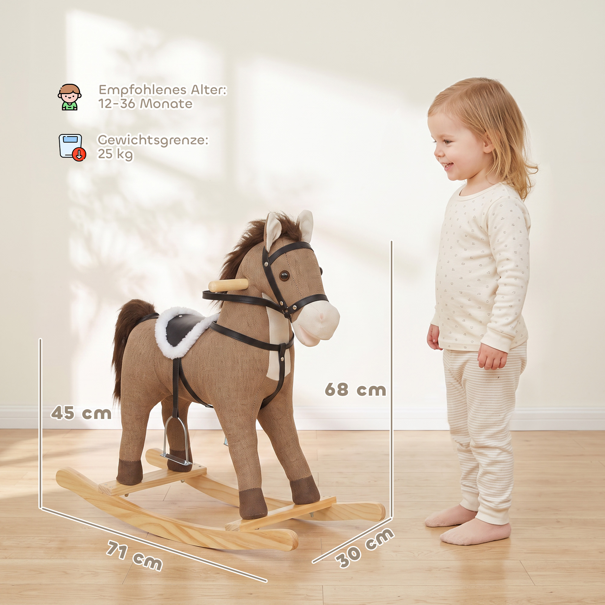 Supamasis arkliukas su garso efektais ir supimo ribotuvais, tamsiai rudas, 71 × 30 × 68 cm 2