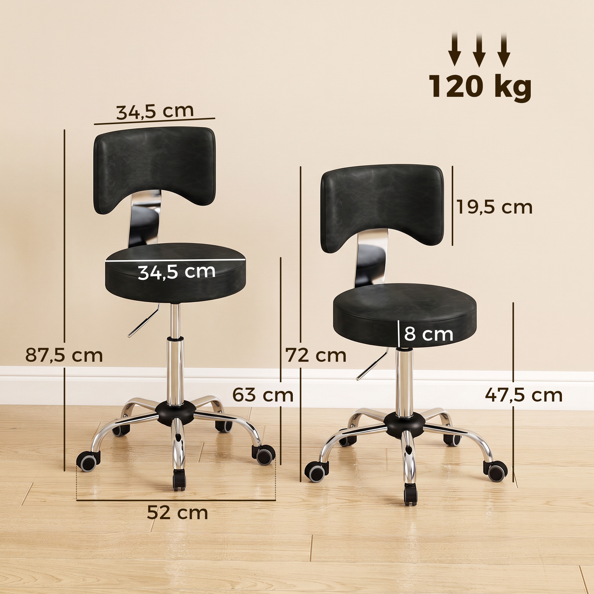 Salono kėdė su ratukais ir reguliuojamu aukščiu, juoda, 34,5 × 34,5 × 72–87,5 cm 2