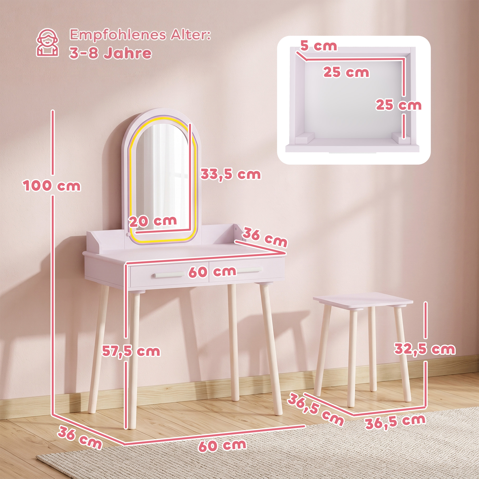 Vaikiškas kosmetinis staliukas su LED veidrodžiu ir 2 stalčiais, daugiaspalvis, 60 × 36 × 100 cm, 2 dalių rinkinys 2