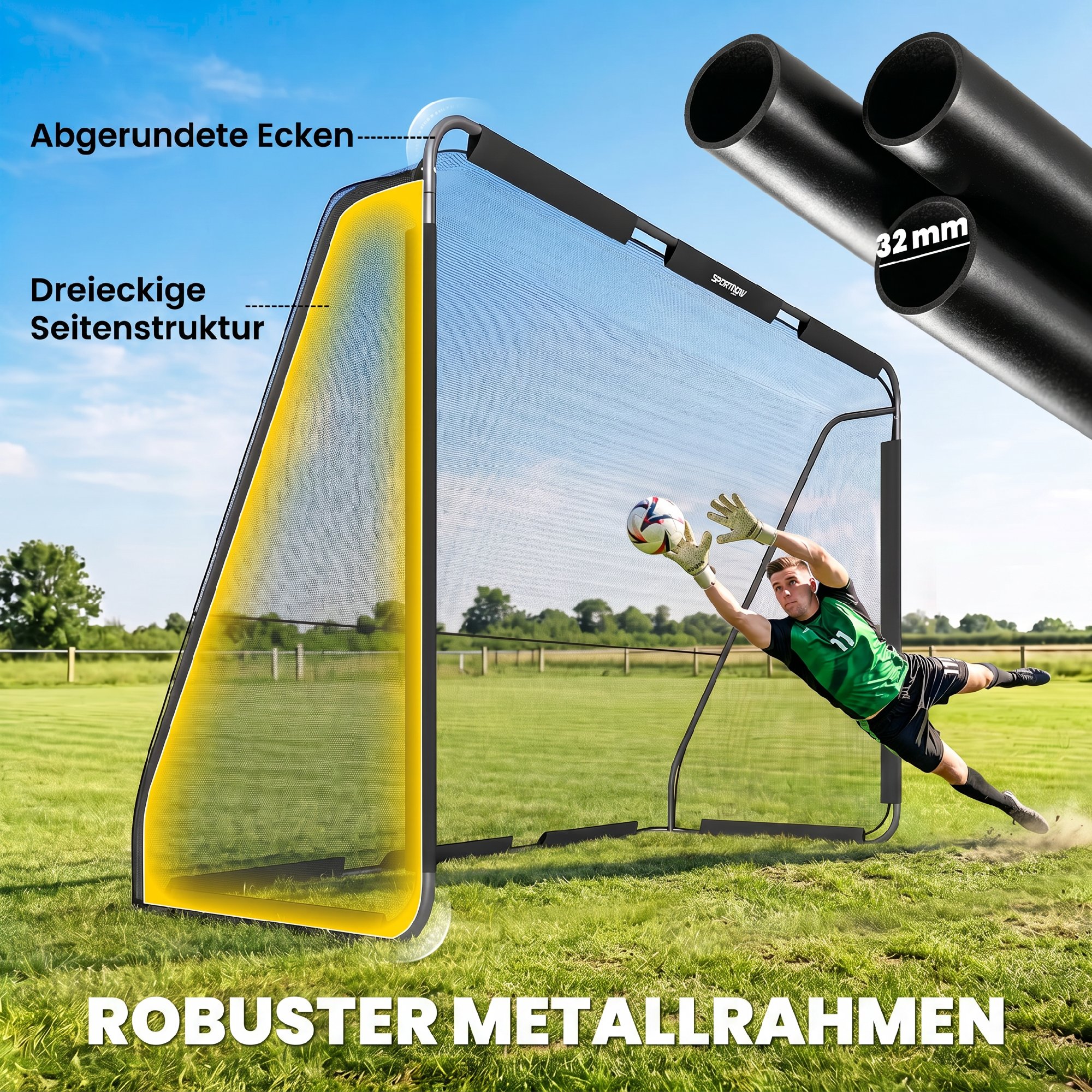 Futbolo vartai su tankiu poliesterio tinklu, juodi, 300 × 120 × 200 cm 3