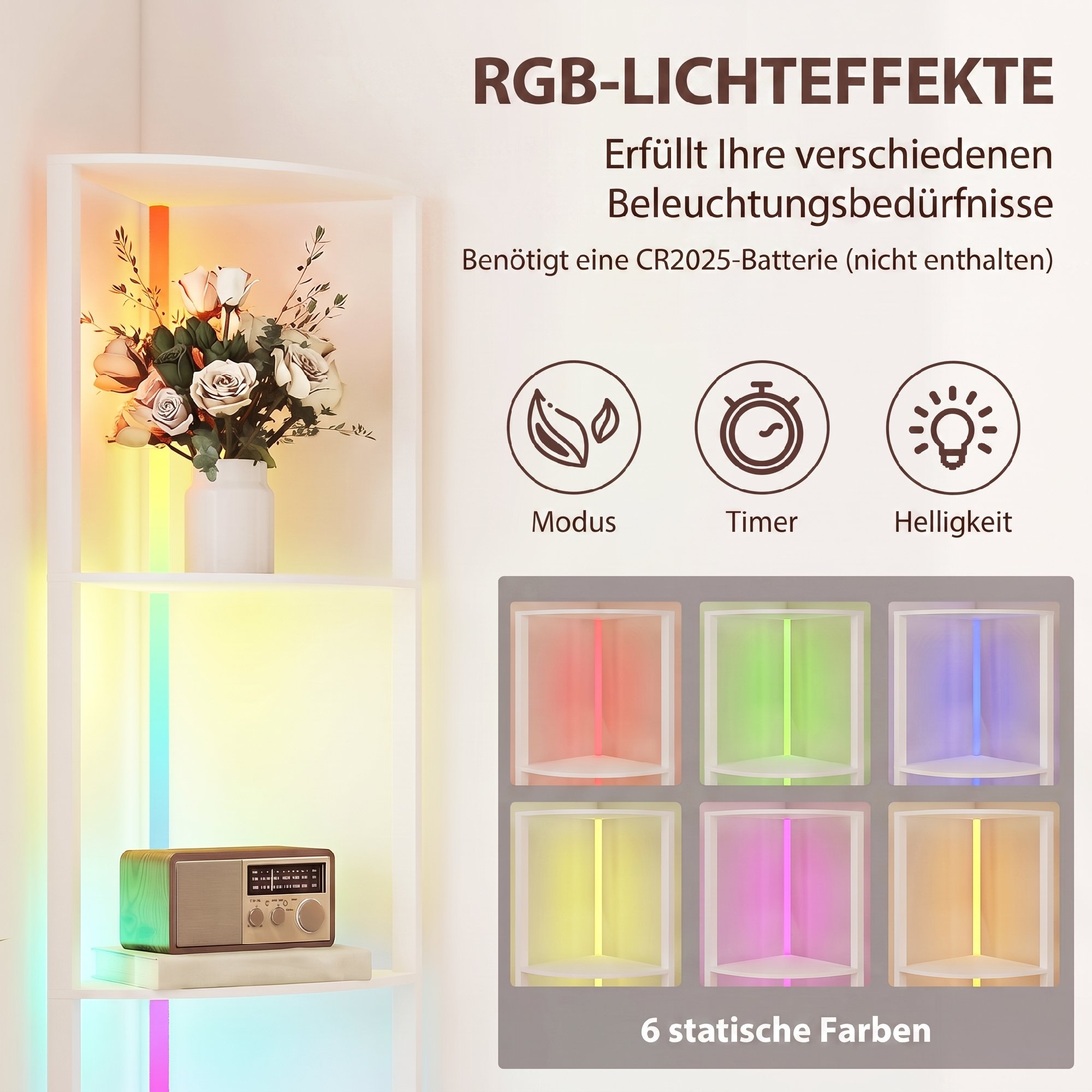 Pastatomas šviestuvas su RGB LED apšvietimu ir 5 lentynomis, baltas, 42 × 29,5 × 163 cm 3
