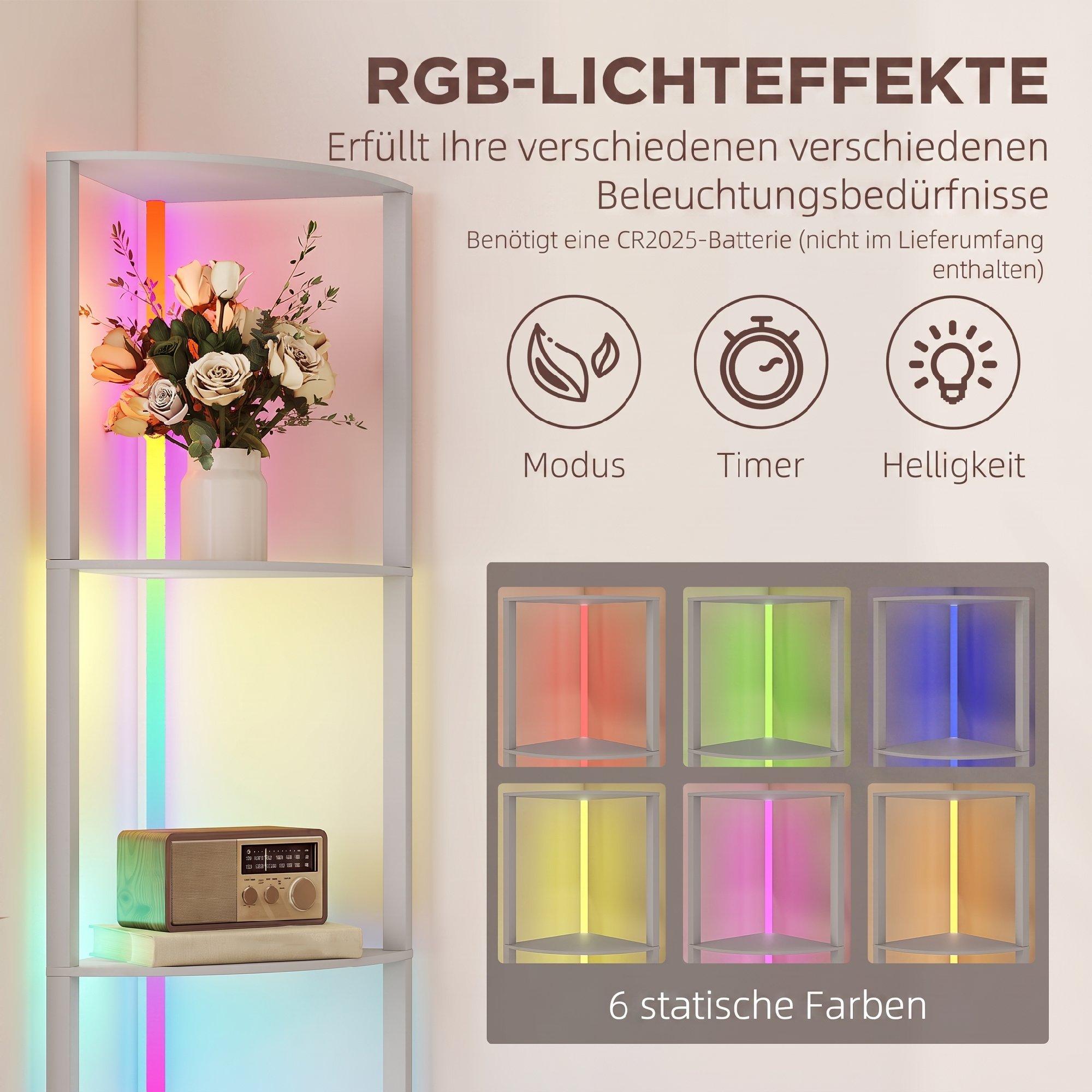 LED pastatomas šviestuvas su 5 lentynomis ir RGB apšvietimu, pilkas ir kreminės baltos spalvos, 42 × 29,5 × 163 cm 3