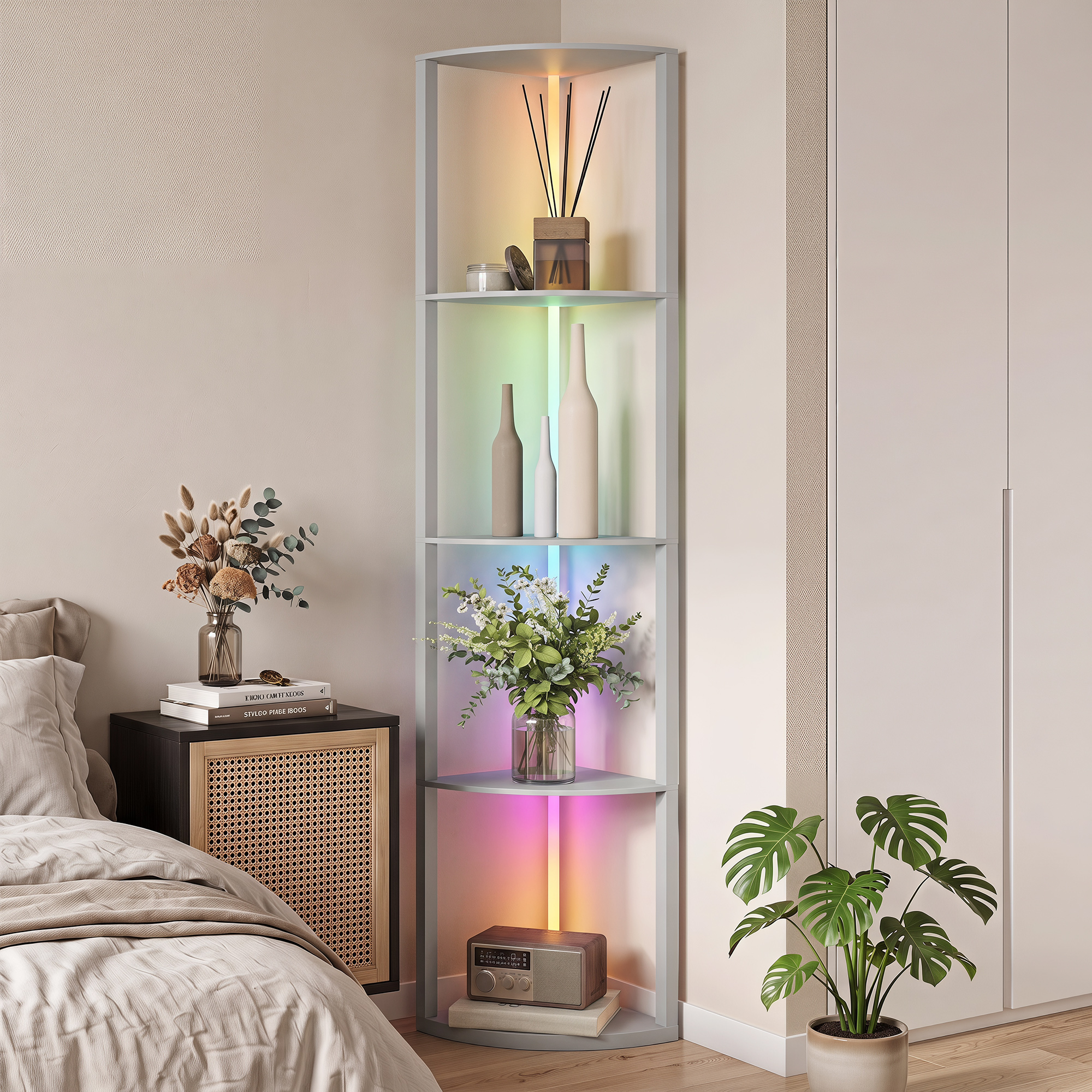 LED pastatomas šviestuvas su 5 lentynomis ir RGB apšvietimu, pilkas ir kreminės baltos spalvos, 42 × 29,5 × 163 cm