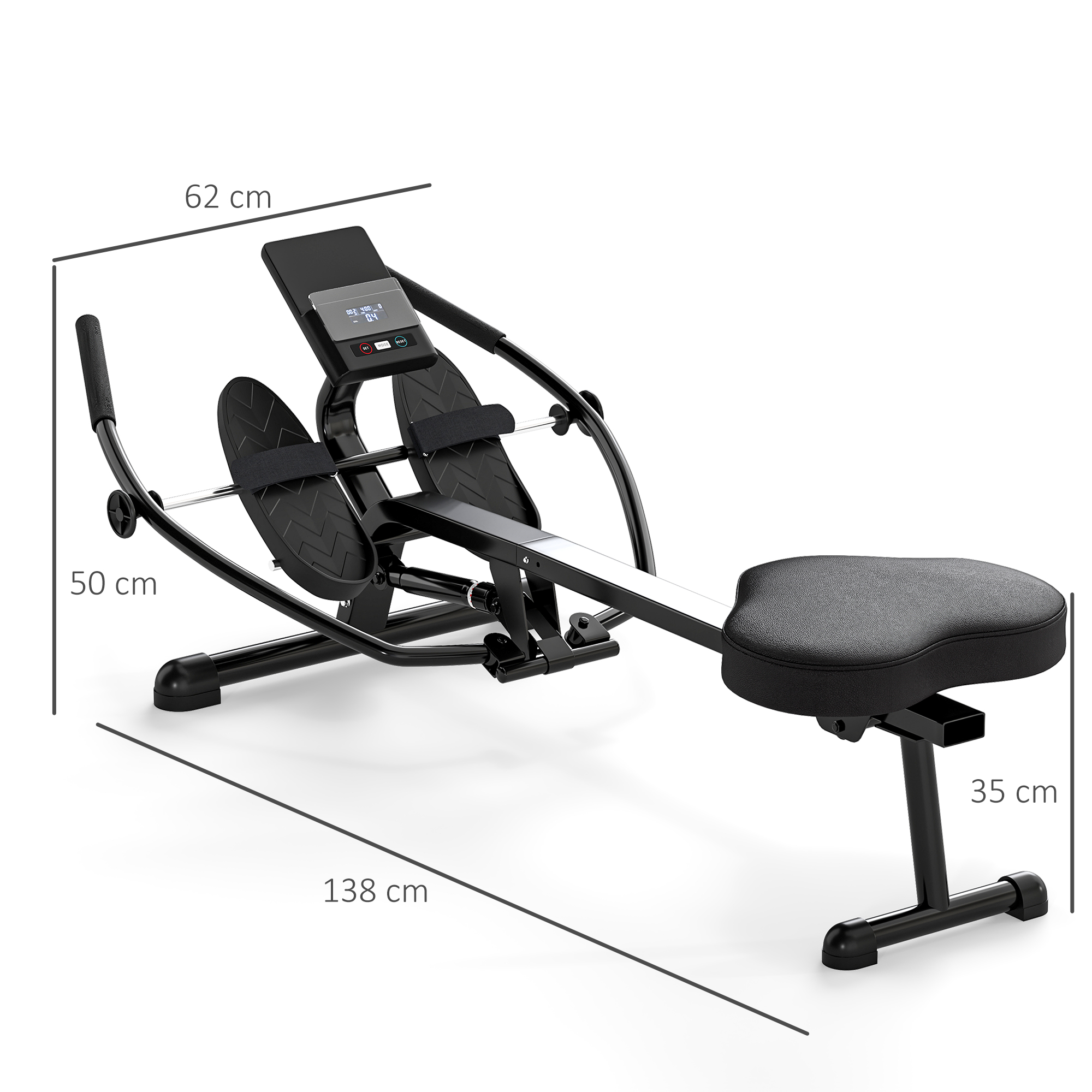 Irklavimo treniruoklis su 12 hidraulinio pasipriešinimo lygių ir LCD ekranu, juodas, 138 × 62 × 50 cm 2