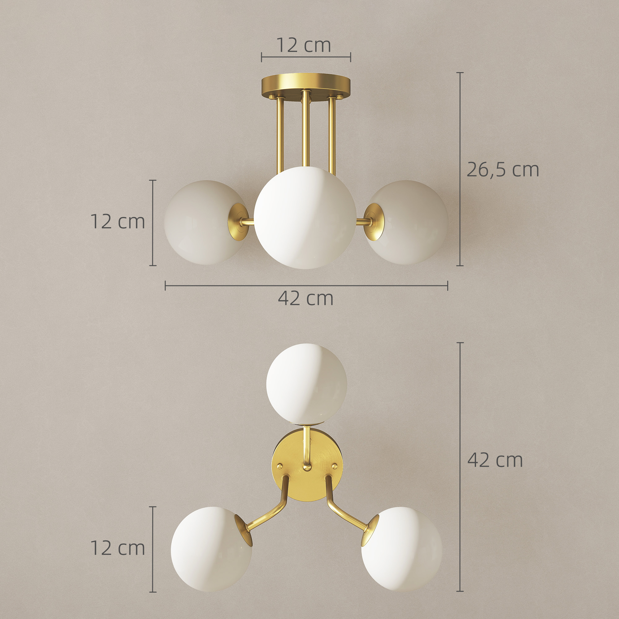 Griestu lampa ar 3 G9 ligzdām un sfēriskajiem abažūriem, zelta un krēmkrāsas, 42 × 42 × 26,5 cm 2