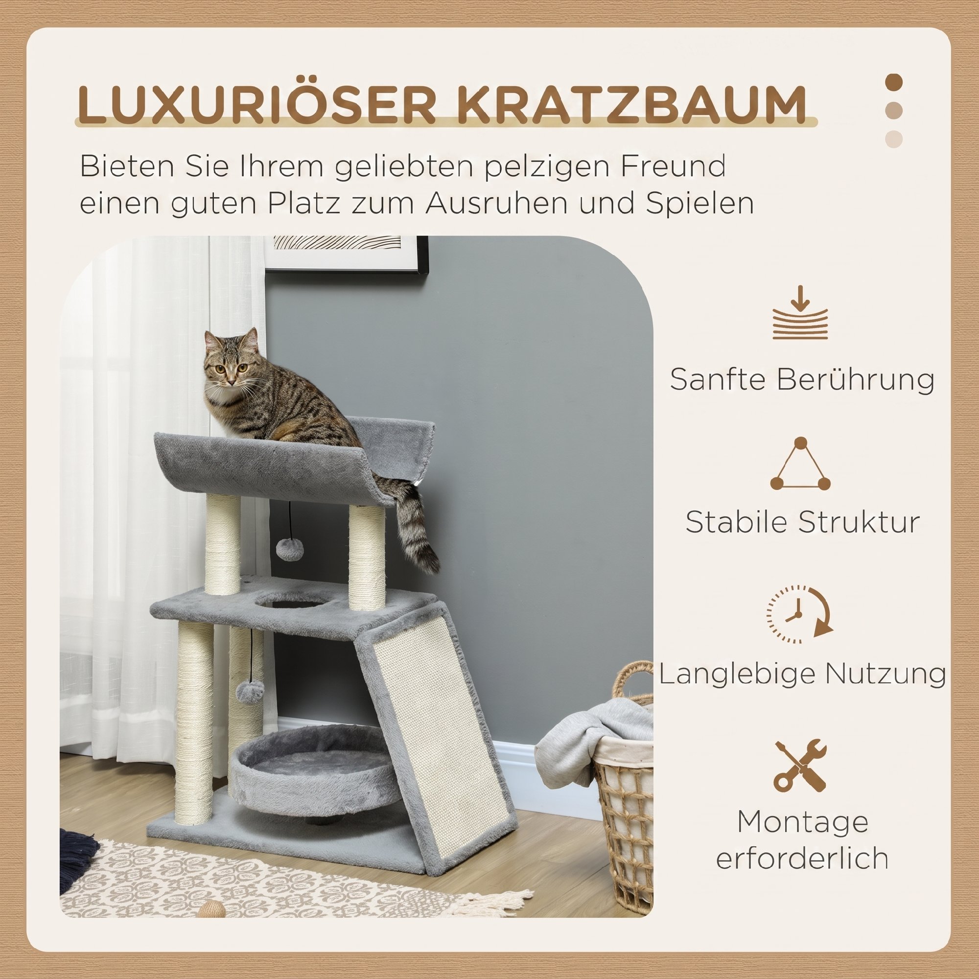 Kačių draskyklė su guoliu ir U formos platforma, šviesiai pilka, 76 cm 3