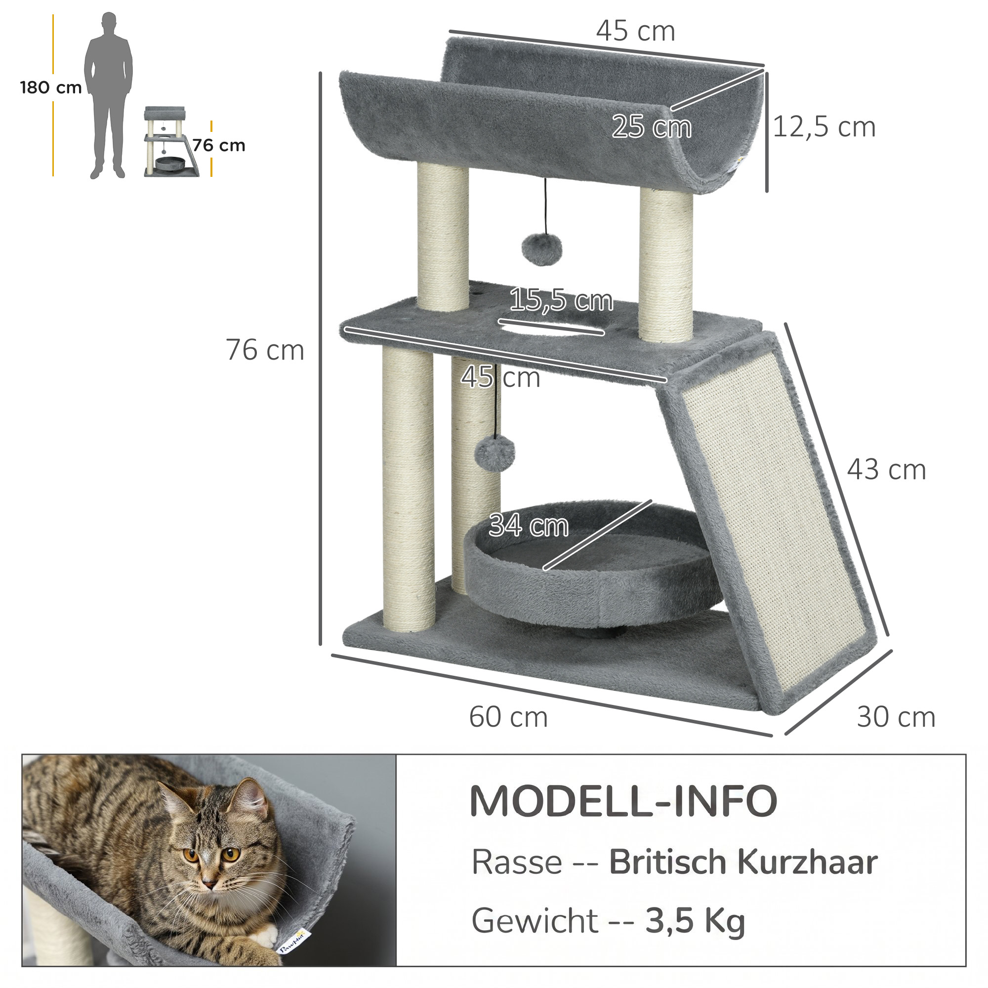 Kačių draskyklė su guoliu ir U formos platforma, šviesiai pilka, 76 cm 2