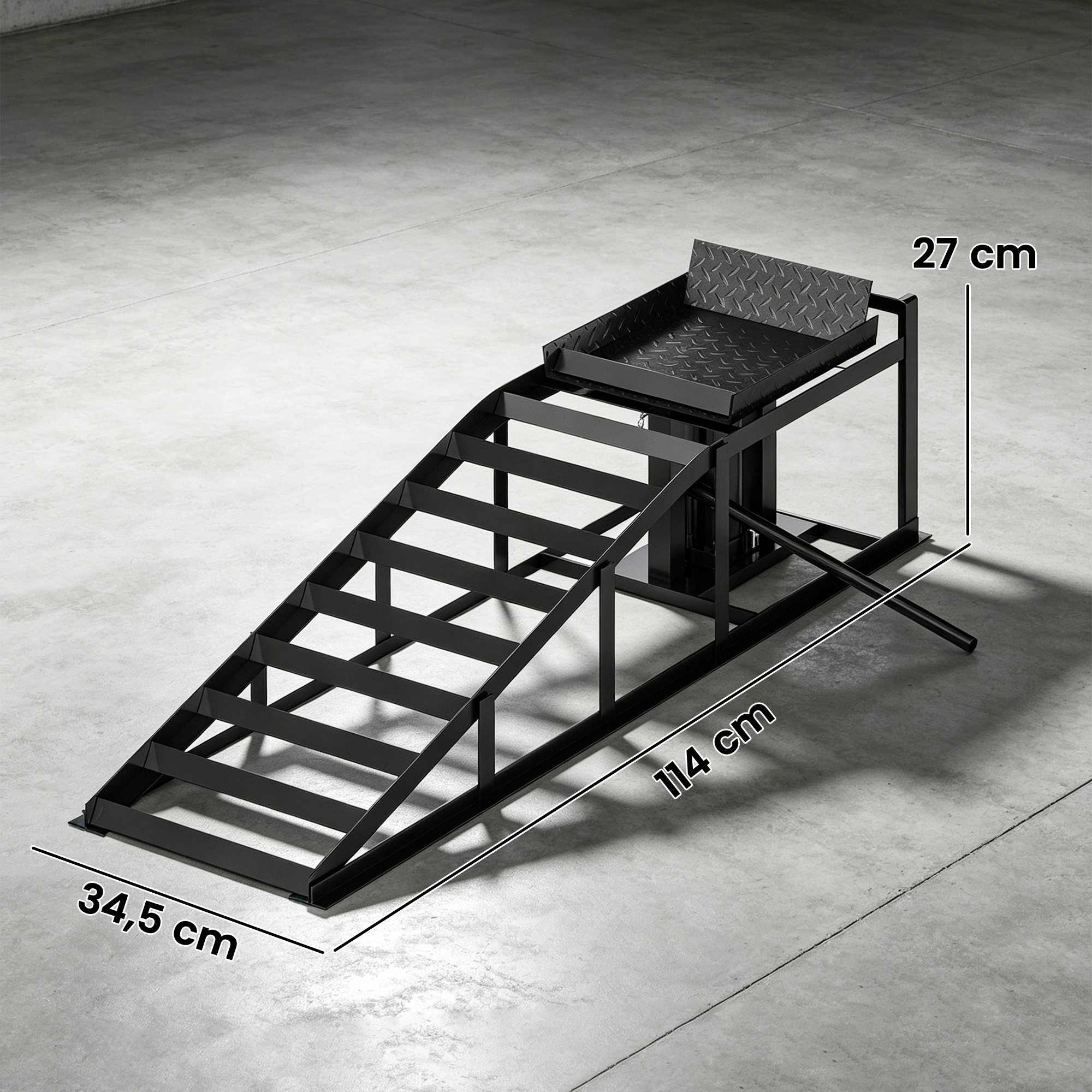 Automobilinės užvažiavimo rampos su hidrauliniais keltuvais, juodos, 114 × 34,5 × 23–32,5 cm, 2 vnt. 2