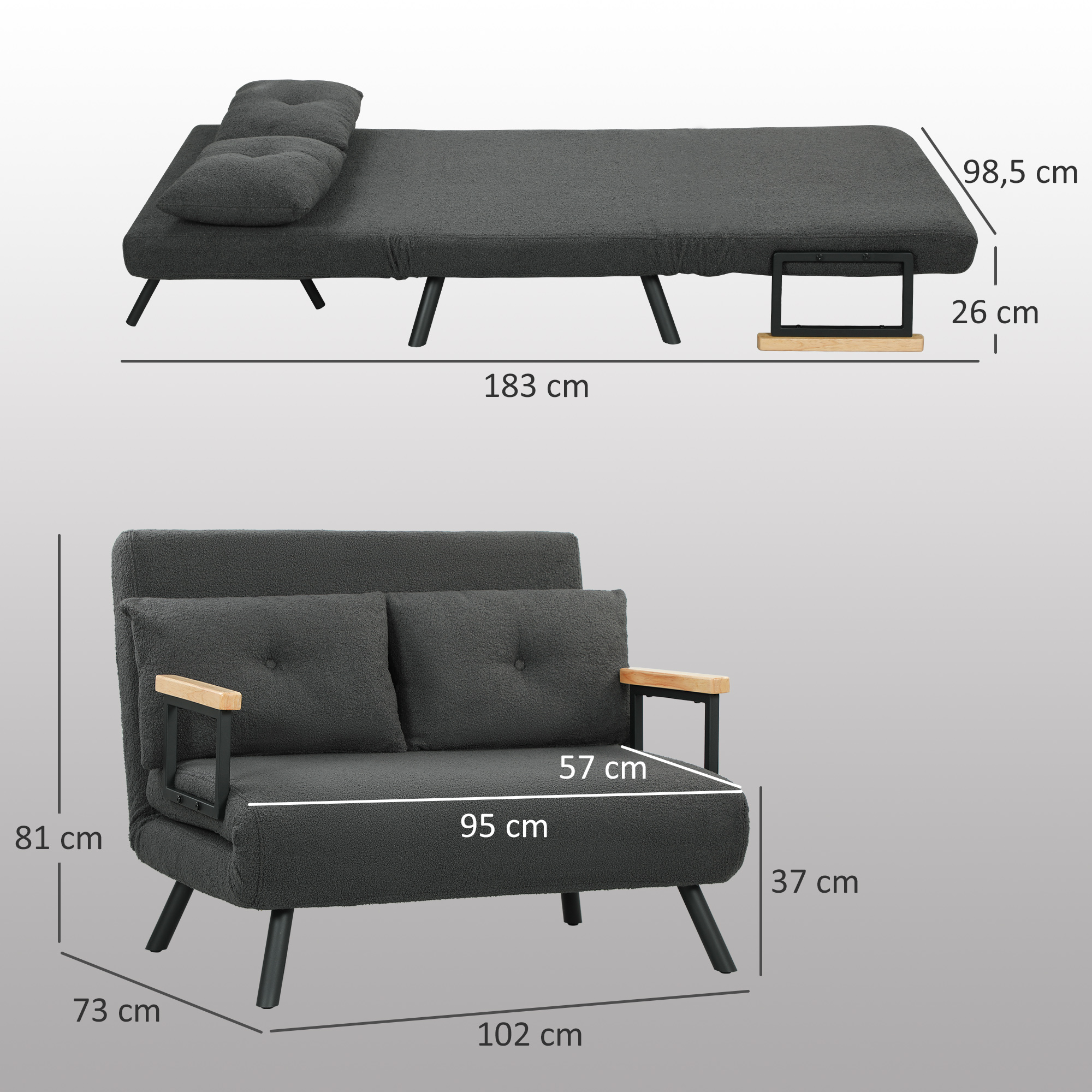 Sofa-lova su 5 padėčių reguliuojamu atlošu, tamsiai pilkas, 102 × 73 × 81 cm 2